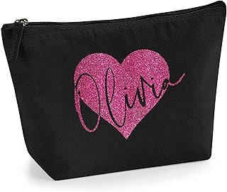 Personalized Name Initials in Heart Make Up Multi Purpose Accessory Bag - L - Black Bag - Pink Glitter