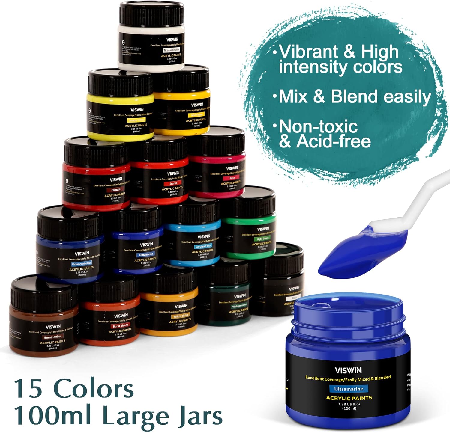 VISWIN 48 Pcs Large Acrylic Paint Set with Easel, Painting Kit with Wood Tabletop Easel, Canvas Paint Set, Brush, Palette, Knives, Painting Set for Adults, Beginners, Students, Artists