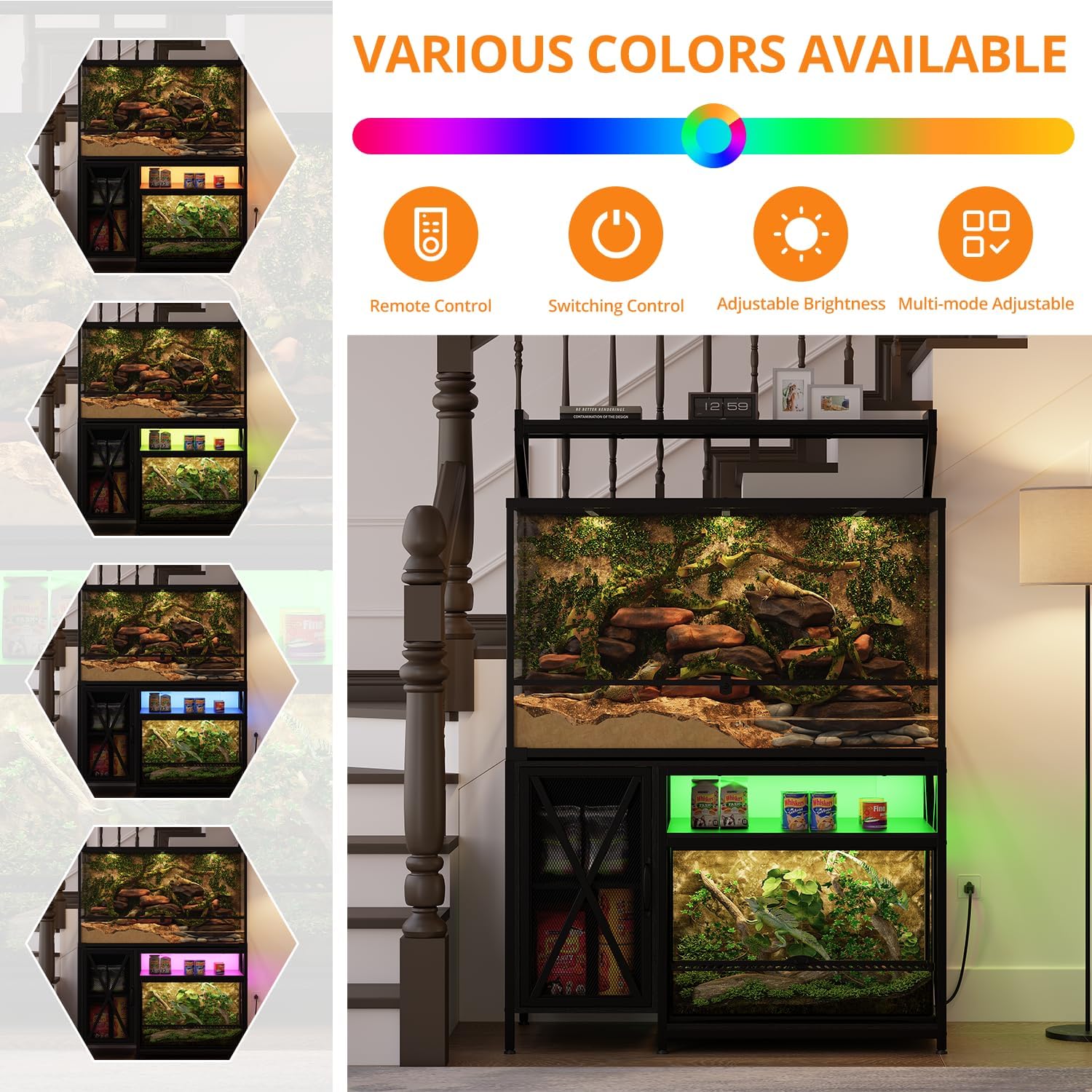 40-120 Gallon Reptile Tank Stand with Power Outlet, 48" X 69" Terrarium Enclosure with Storage Cabinet, Heavy Duty Large Aquarium Stand for Bearded Dragon, Snakes, Lizards