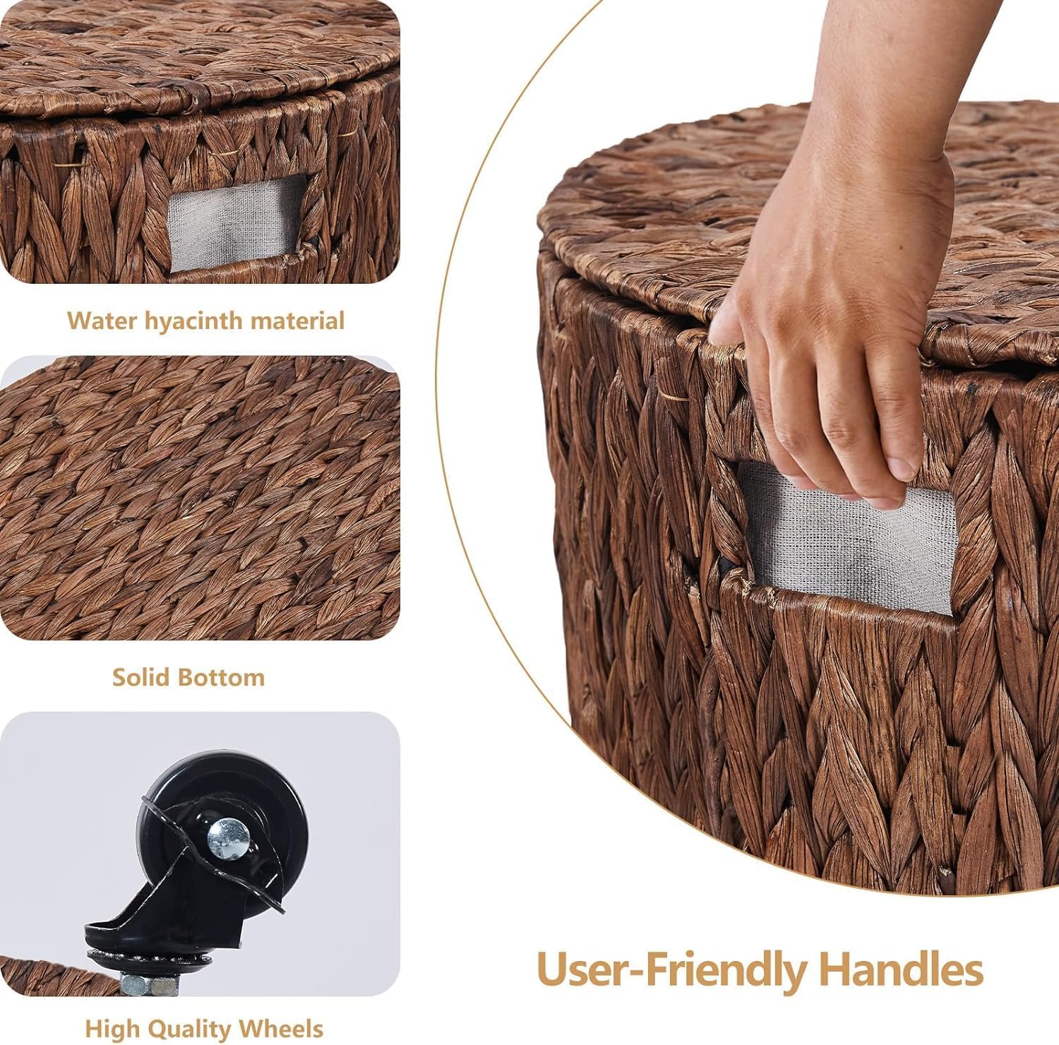 Woven Seagrass Laundry Hamper with Lid and Rolling Wheels, Brown Round Storage Basket, 110L Capacity