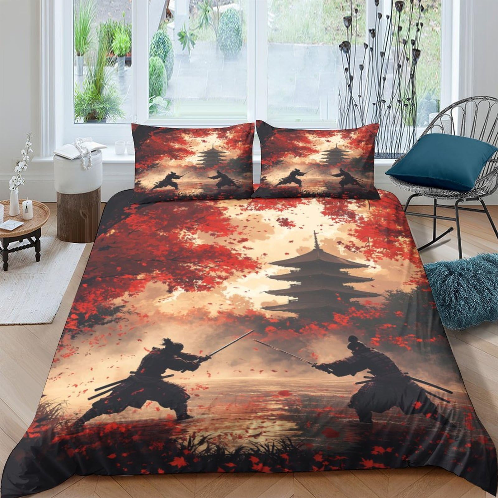 Ctjqhvkz Style-10 3D Printed Samurai Sunset Fitted Sheet Microfiber Soft Breathable Japanese Pagoda Bed Cover For Bedroom Decor Single（135X200cm）