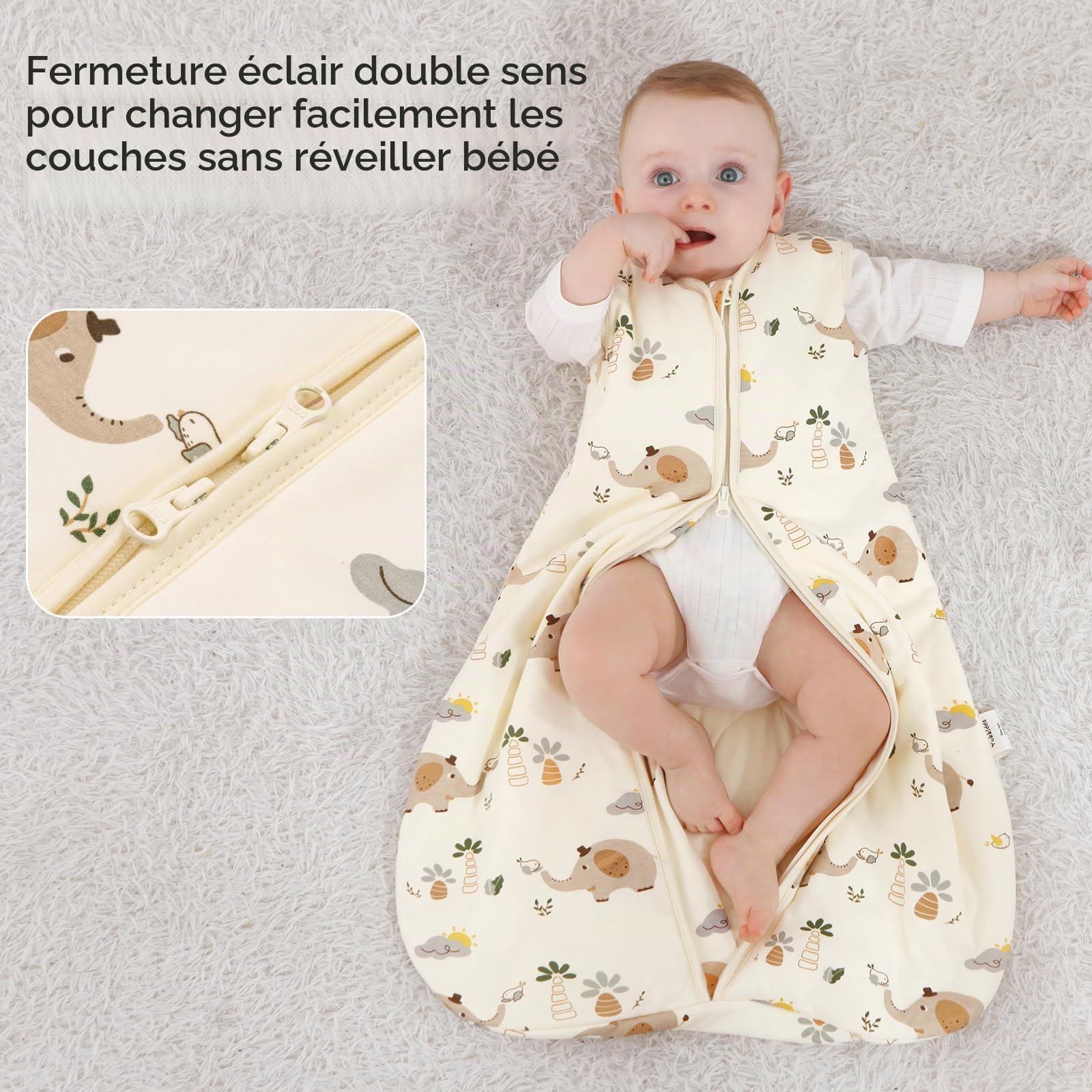 Gigoteuse Bébé Hiver 1.5 TOG en Coton Doux, Turbulette Chaude avec Fermeture Éclair, Lot de 2, pour Nouveau-né Garçons Filles 0–6 Mois Éléphant Beige