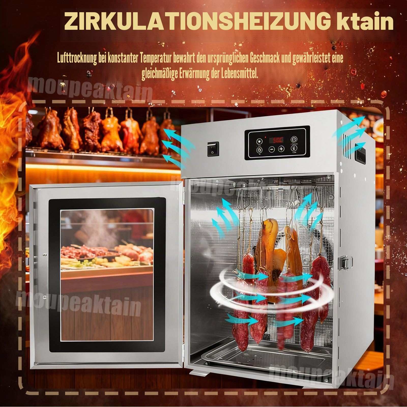 Gewerblicher Dry Aged Reifeschrank Mit 360°-Drehfunktion, Edelstahl-Fleischtrockner, 24-Stunden-Timer Und Einstellbarer Temperatur (30-90℃) Für Die Fleischreifekammer, 7.5kg
