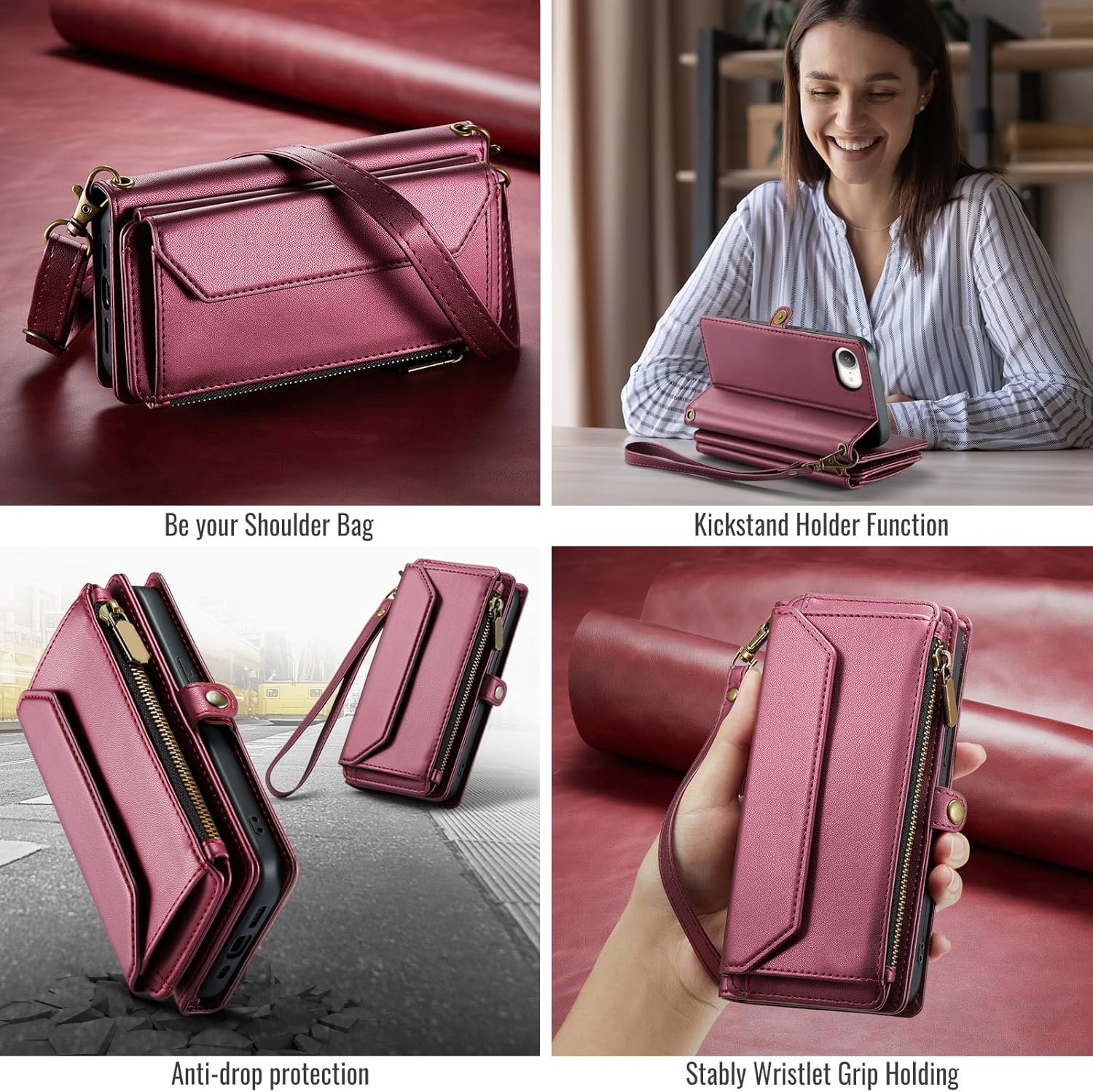 Phone Case for iPhone 16e/SE 2025/SE 4 Zipper Wallet Cover with Tempered Glass Screen Protector and Flip RFID Blocking Card Holder Cell i Phone16e i16e 16 e SE4 4th Generation 16eCase Women Wine Red