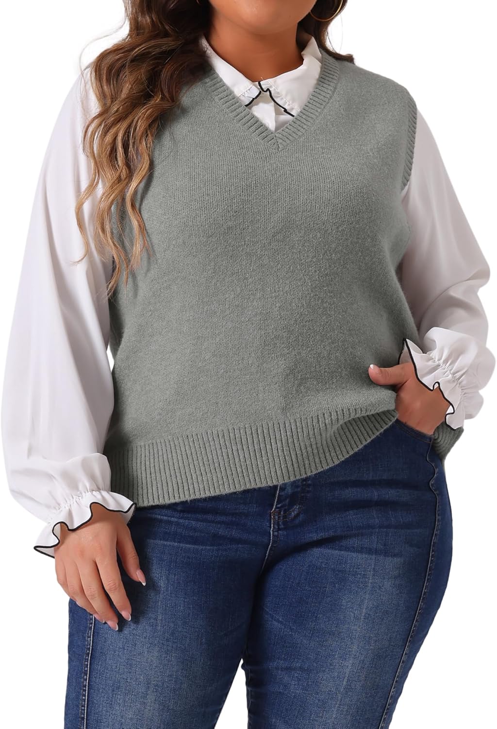 Agnes Orinda Plus Size Sweater Vest for Women V Neck Knit Vests Solid Classic Sleeveless Pullover Sweaters Tops