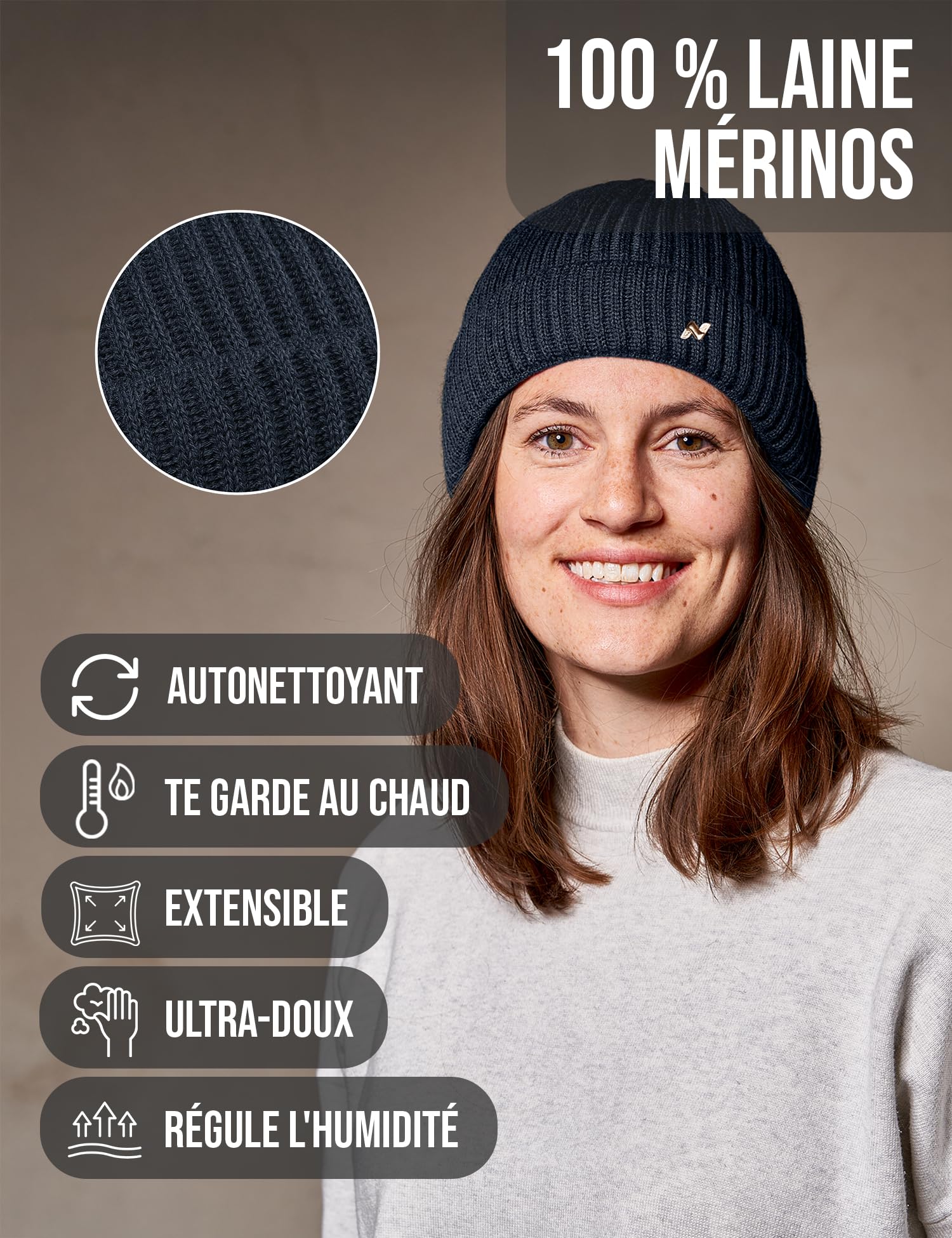 NYTTED® Bonnet mérinos pour Hommes & Femmes | Bonnet 100% Laine mérinos Fine | Chaud, Doux & Extensible | Bonnet Homme Laine Merinos | Bonnet Femme Hiver | Tricot d’Hiver Premium et Respirant