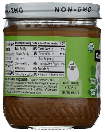 Once Again Creamy Organic Almond Butter No Sugar, Roasted - Single Ingredient Nut Butter, No Palm Oil, No Salt - Glass Jar, Non-GMO, Gluten Free, Vegan (12 oz Glass Jar)