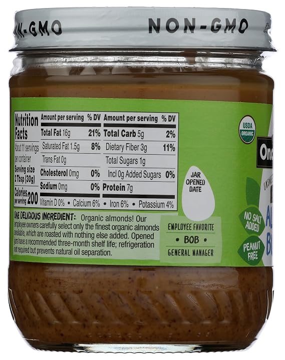 Once Again Creamy Organic Almond Butter No Sugar, Roasted - Single Ingredient Nut Butter, No Palm Oil, No Salt - Glass Jar, Non-GMO, Gluten Free, Vegan (12 oz Glass Jar)