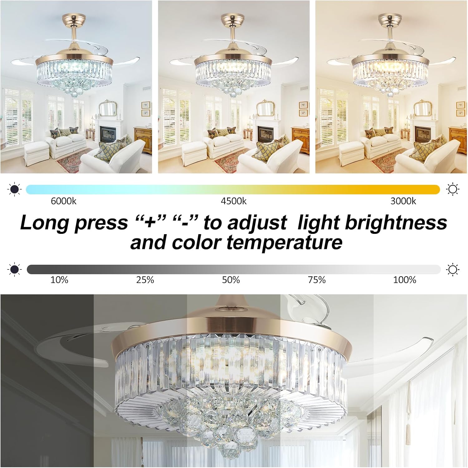 48'' Modern Chandelier Ceiling Fan with Timer, Silent Motor Fandelier Crystal Ceiling Fan with Light and Remote Control, Retractable Blade Fandeliers for Bedroom, 6 Speeds, 3 Colors, Gold