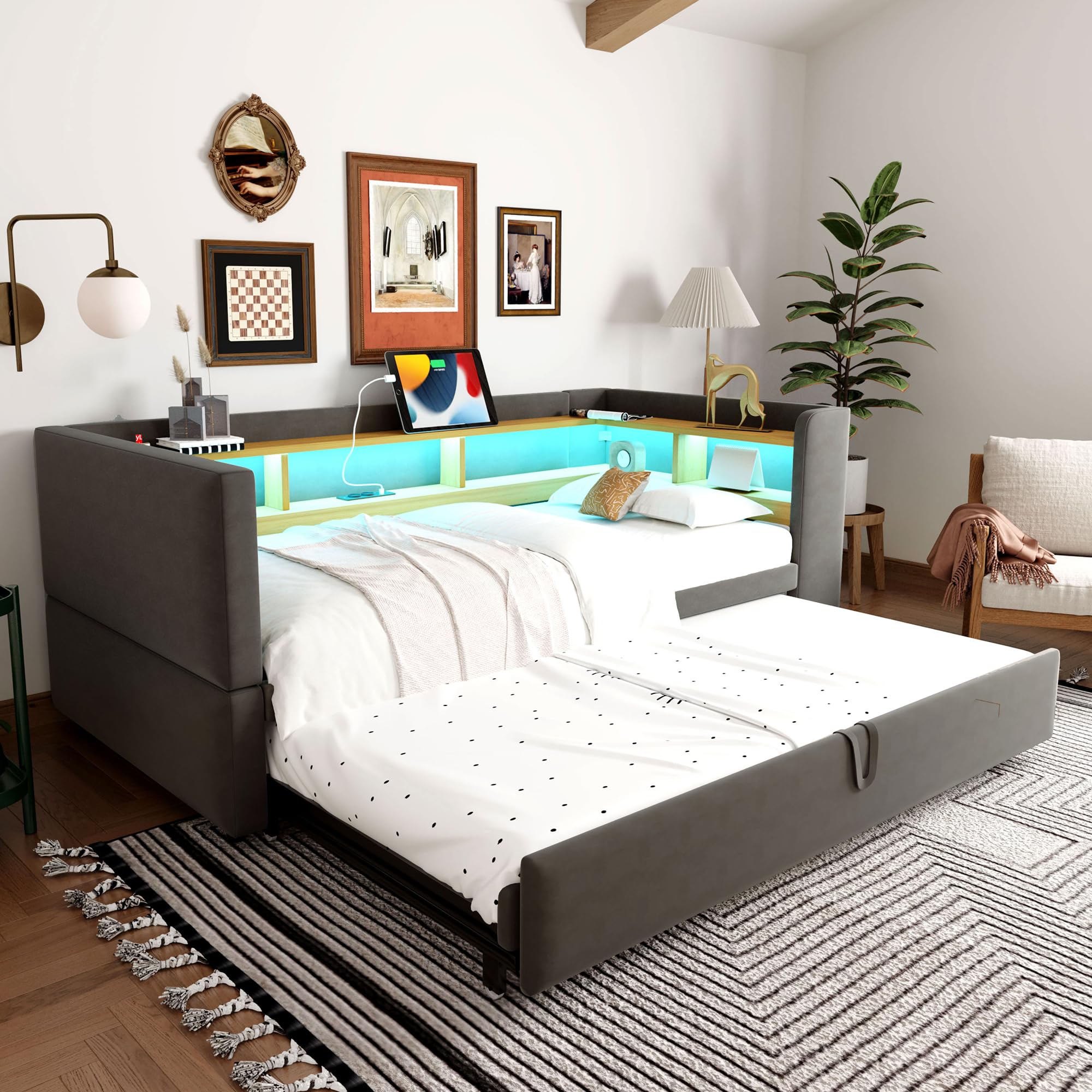 Letto imbottito divano letto estraibile 90/180 x 190 cm, letto singolo con prese LED USB, letto giorno con molti scomparti, flanella, senza materasso (grigio scuro)
