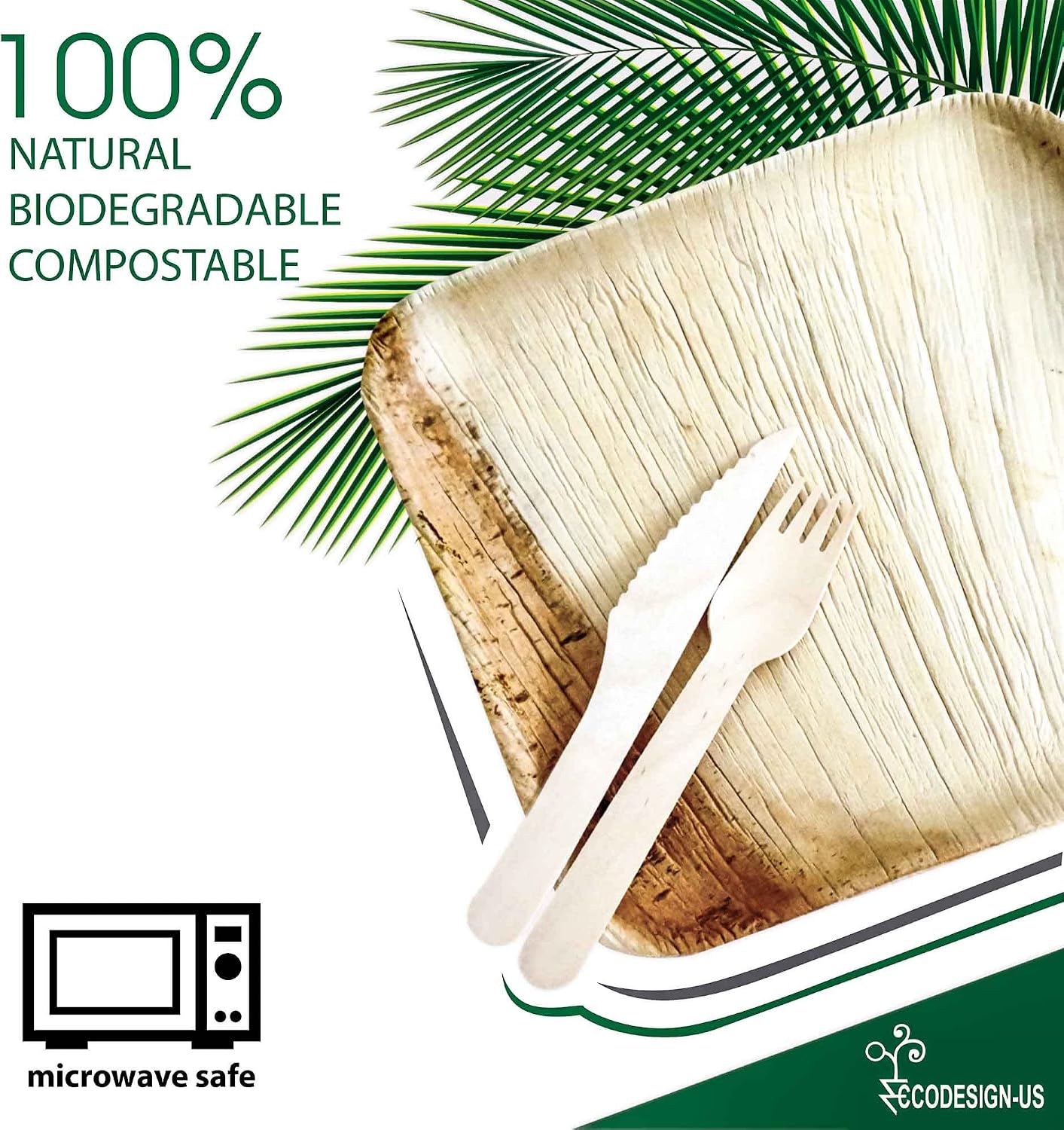 Eco-Friendly 8" Square Palm Leaf Plates and Wooden Utensils Set