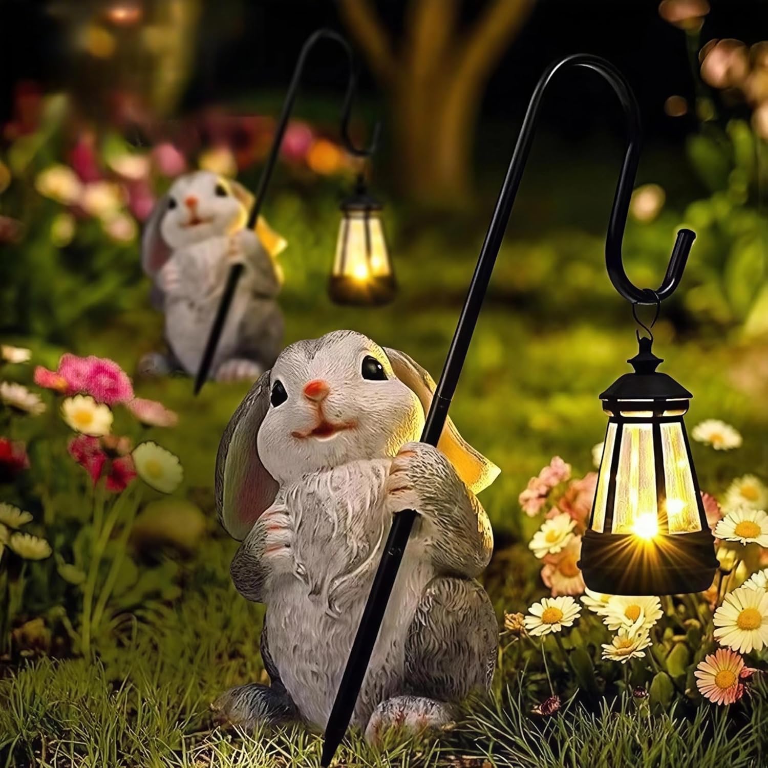 Rabbit Solar Lights Outdoor with Ground Stake, Wind Resistant Heavy Duty Metal Pole IP65 Waterproof Outdoor Statue Figurine, Auto On/Off Garden Decor for Patio Yard, Gift for Rabbit Lovers