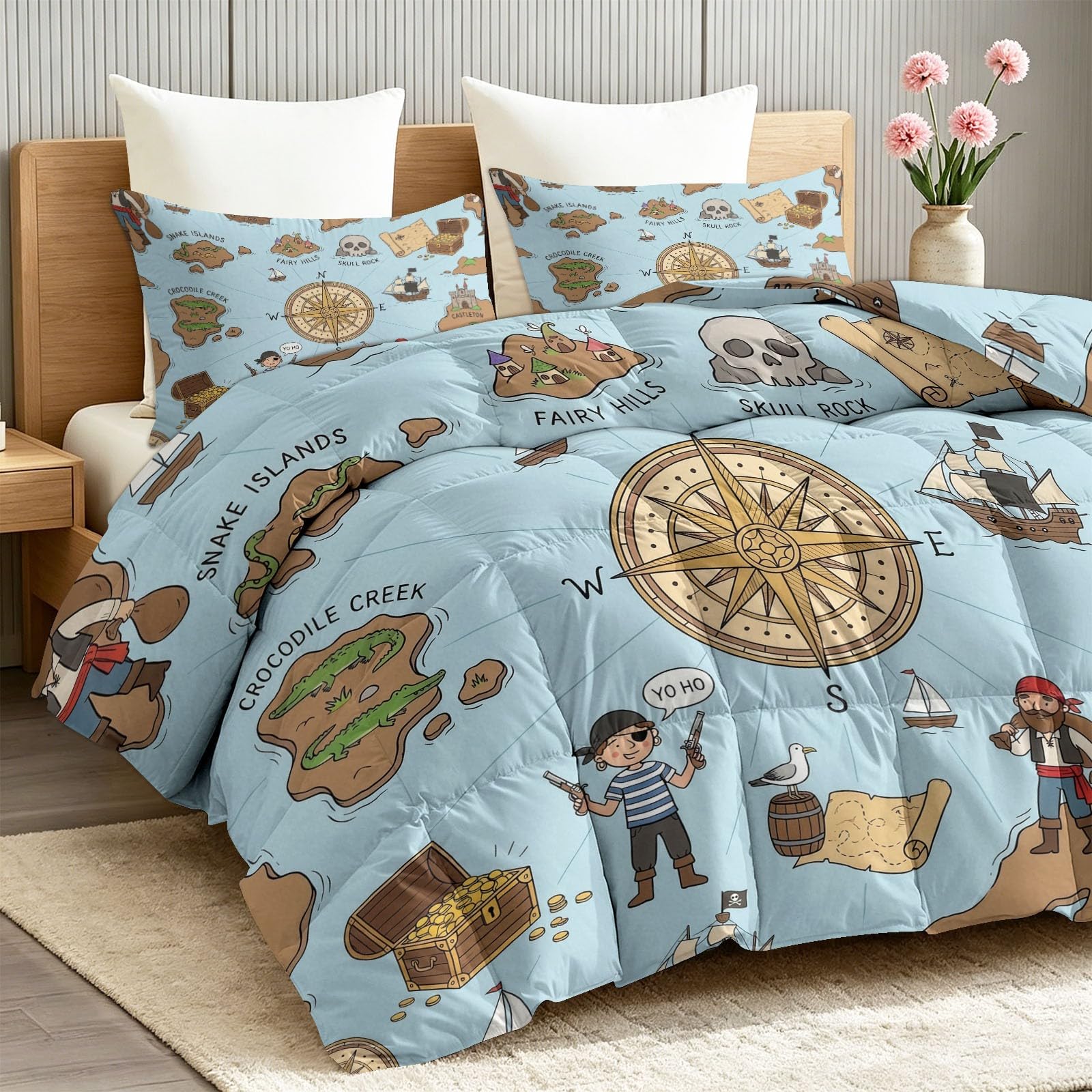 Edredón sin funda de edredón individual de 4,5 tog, 135 x 200 cm, acolchado de verano, vintage, mapa pirata y brújula, estampado de rosa, colcha reversible náutica para dormitorio de niños, color azul