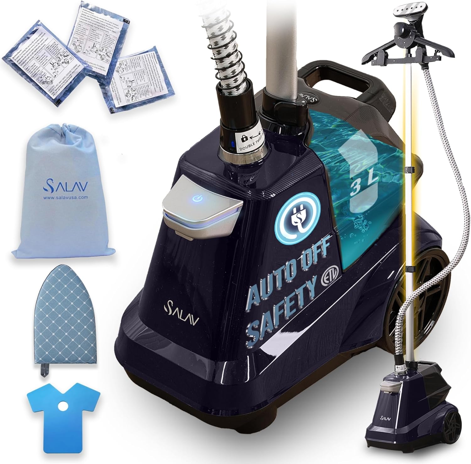 SALAV® Heavy Duty Smart Auto Shut-off Commercial Full-Size Garment Steamer, Beeping Alert when Water Runs out, Foot Pedal Control, XL 3L (101.5 oz) Tank, Navy with Accessories Pack