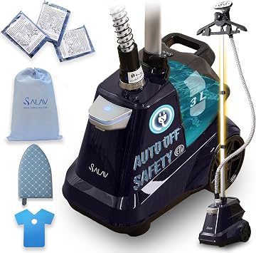 SALAV Heavy Duty Smart Auto Shut-off Commercial Full-Size Garment Steamer, Beeping Alert when Water Runs out, Foot Pedal Control, XL 3L 101.5 oz Tank, Navy with Accessories Pack