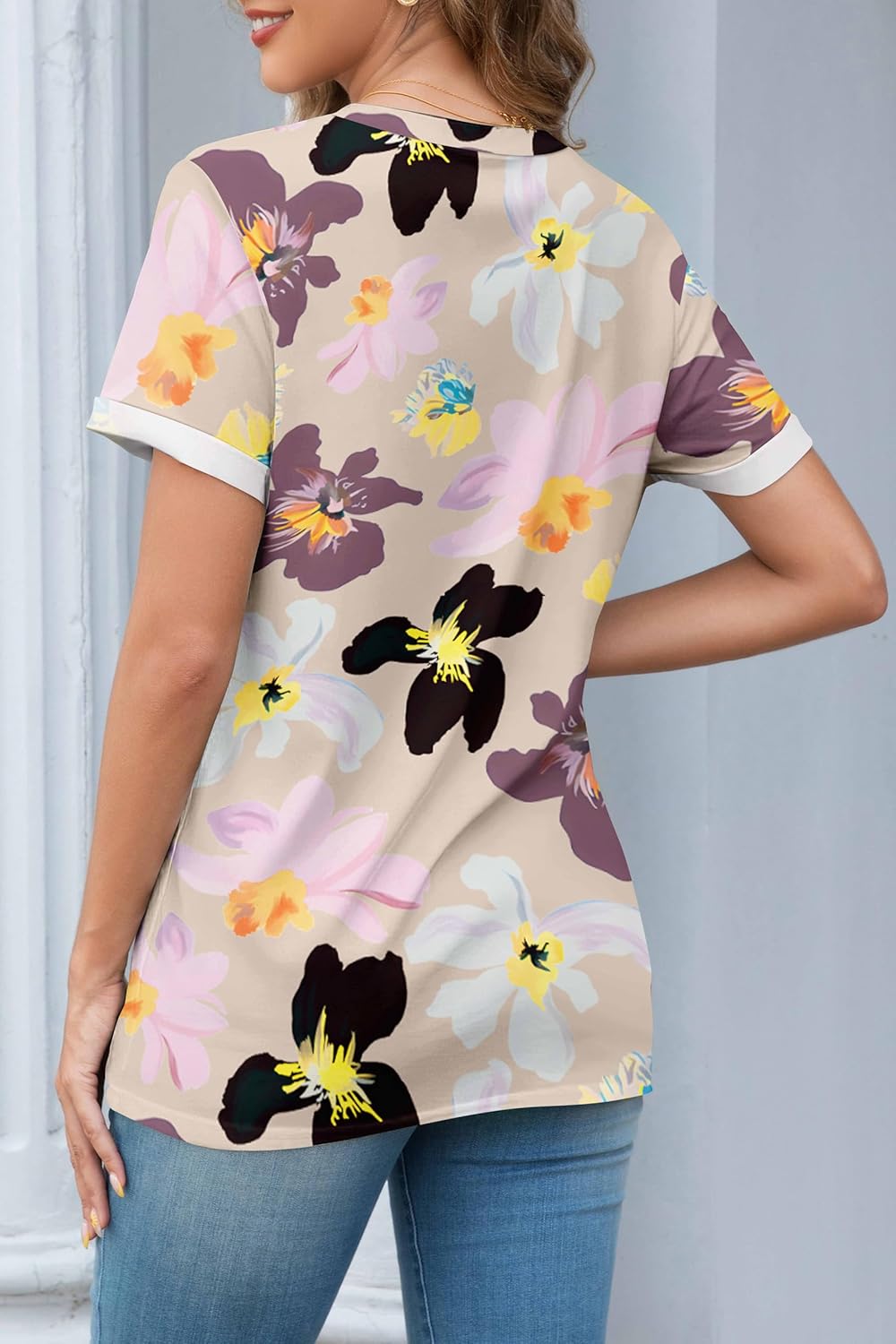 Womens Summer Tops Rolled Sleeve Shirts 2026 Fashion Round Neck Trendy Tunic Blouses - Image 3