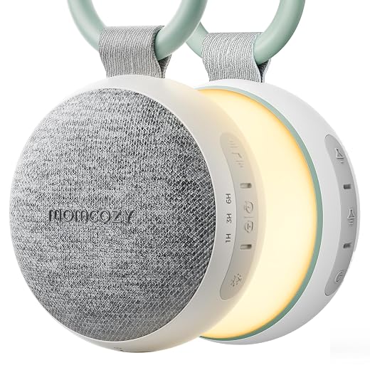 Momcozy Tragbare Baby Soundmaschine mit Nachtlicht – Weißes Rauschen Gerät für Neugeborene, 20 Beruhigende Klänge, Wiederaufladbare Weißes-Rauschen-Therapie und Bluetooth-Lautsprecher