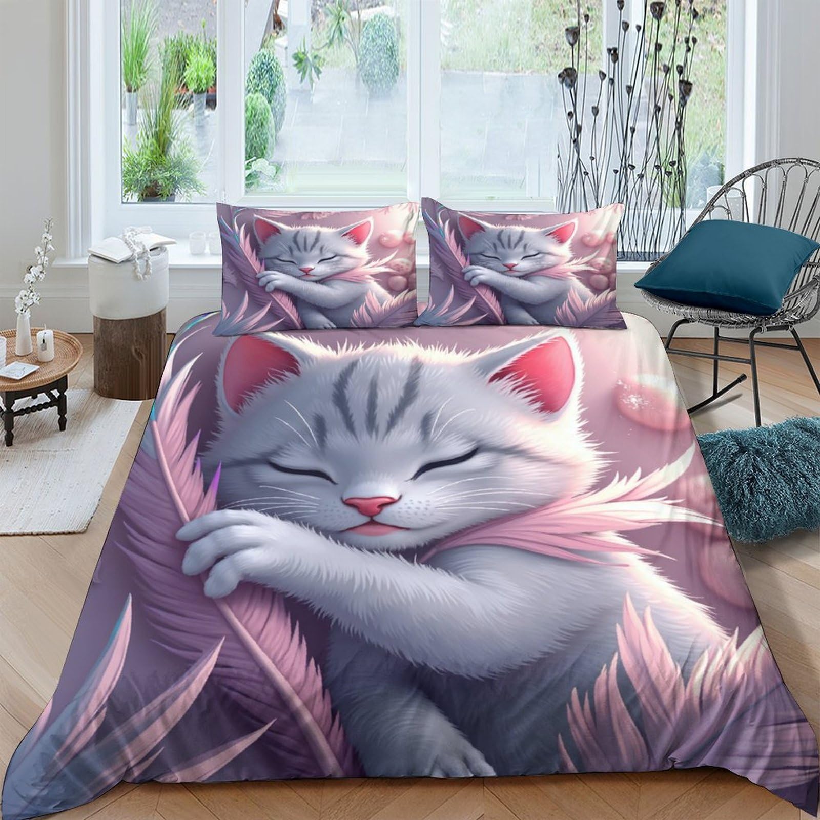 Ctjqhvkz Style-8 3D Printed Sleeping Cat Fitted Sheet Microfiber Soft Pink Feather Bed Cover For Bedroom Dorm Mattress Decor Single（135X200cm）