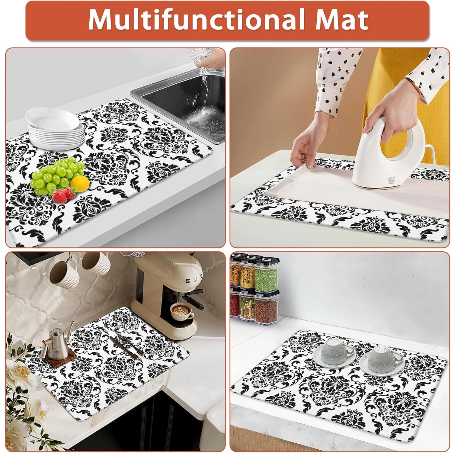 White Black Boho Floral Electric Stove Top Cover Protector-Vintage Glass Flat Top Stove Mat Oven Induction Cooktop Mats for Countertop Mats Heat-Resistant Dish Drying Mat