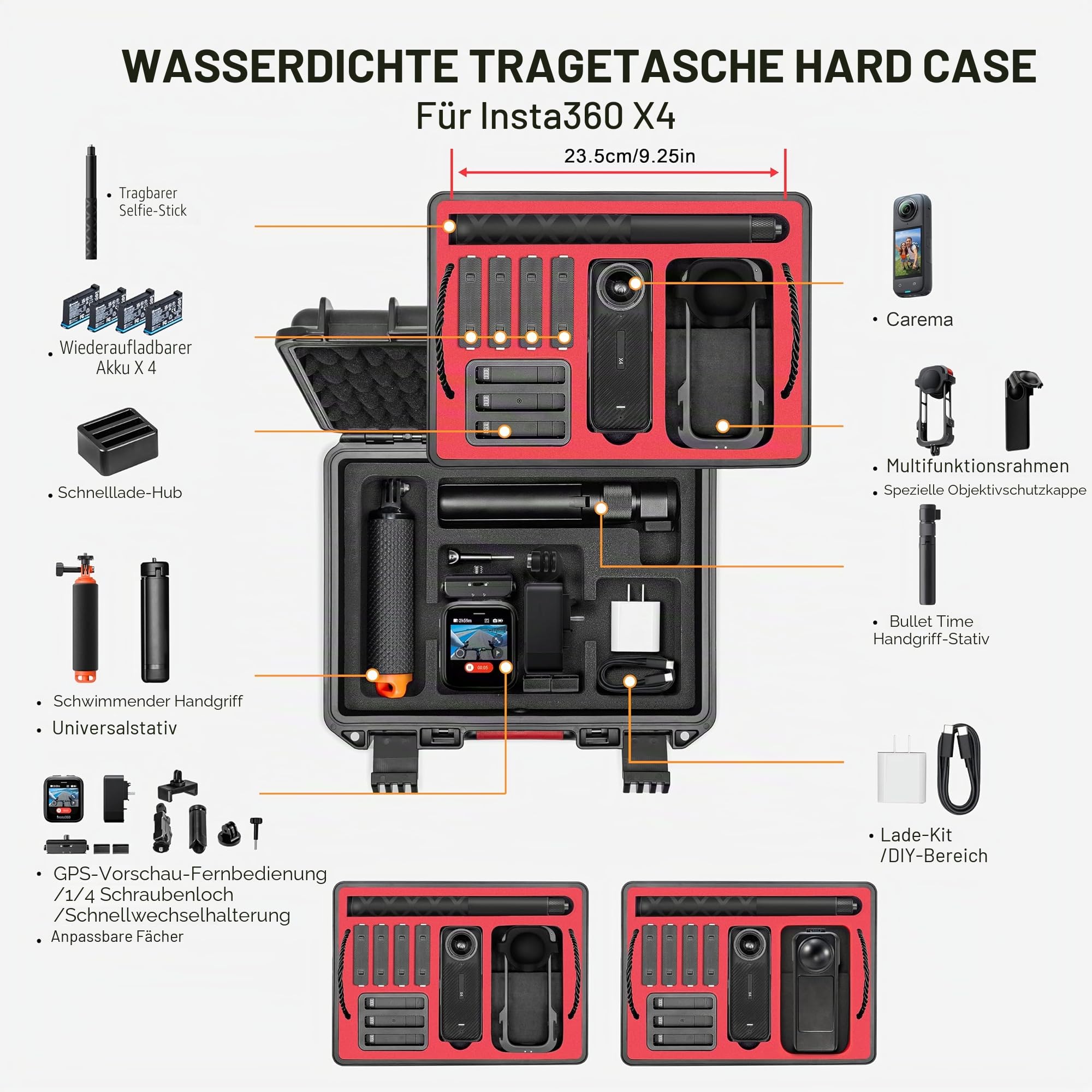 Tomat X4 wasserdichte Tasche für Insta360 X4 Doppelte Schichten Stoßfest IP67 Koffer Große Kapazität Tragetasche für Insta360 X4 Kamera und Zubehör Elegant Schwarz