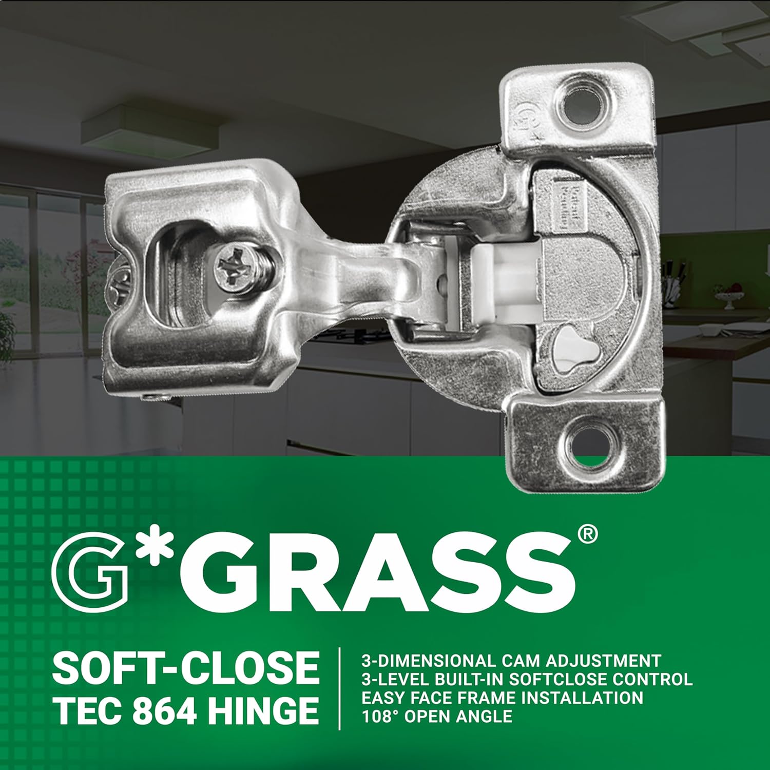 50 Pack Rok Hardware Grass TEC 864 108 Degree 1" Overlay 3 Level Soft Close Screw On Compact Cabinet Hinge 04441A-15 3-Way Adjustment 45mm Boring Pattern