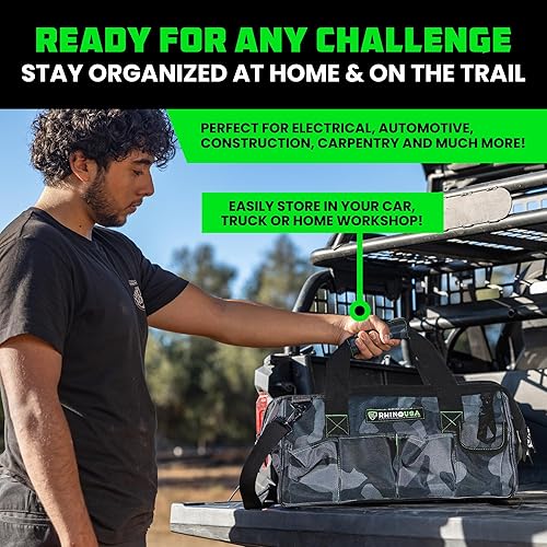 Miniatura 5 de Rhino USA Bolsa de herramientas (18 pulgadas) resistente de boca ancha con cremallera para hombres, bolsas grandes para herramientas con bolsillos