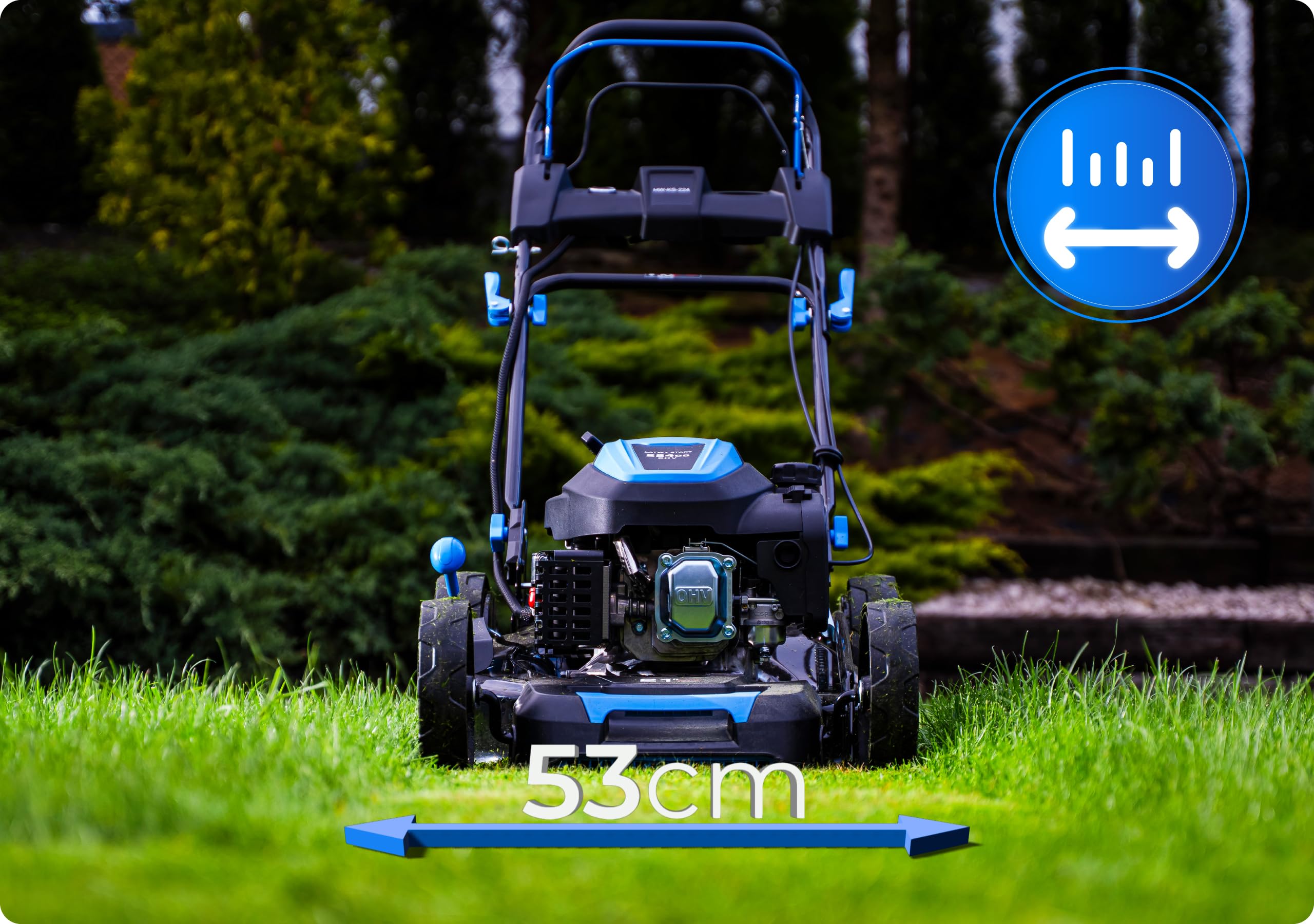 Hexwelt HW-KS-224 - Cortacésped de gasolina con autotracción, arranque eléctrico, motor Ducar OHV de 224 cm³, ancho de corte de 53 cm, bandeja de recogida de 60 L, función mulching, eyección latada