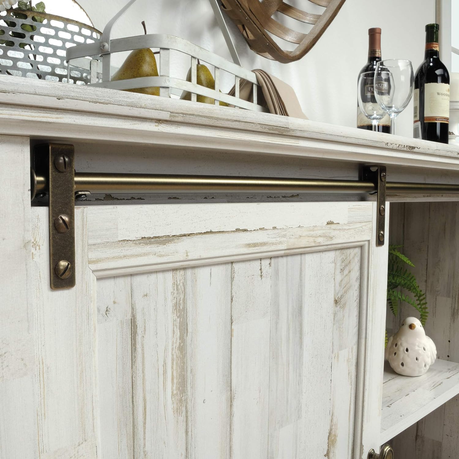 White Plank Sliding Door TV Stand with Adjustable Shelves