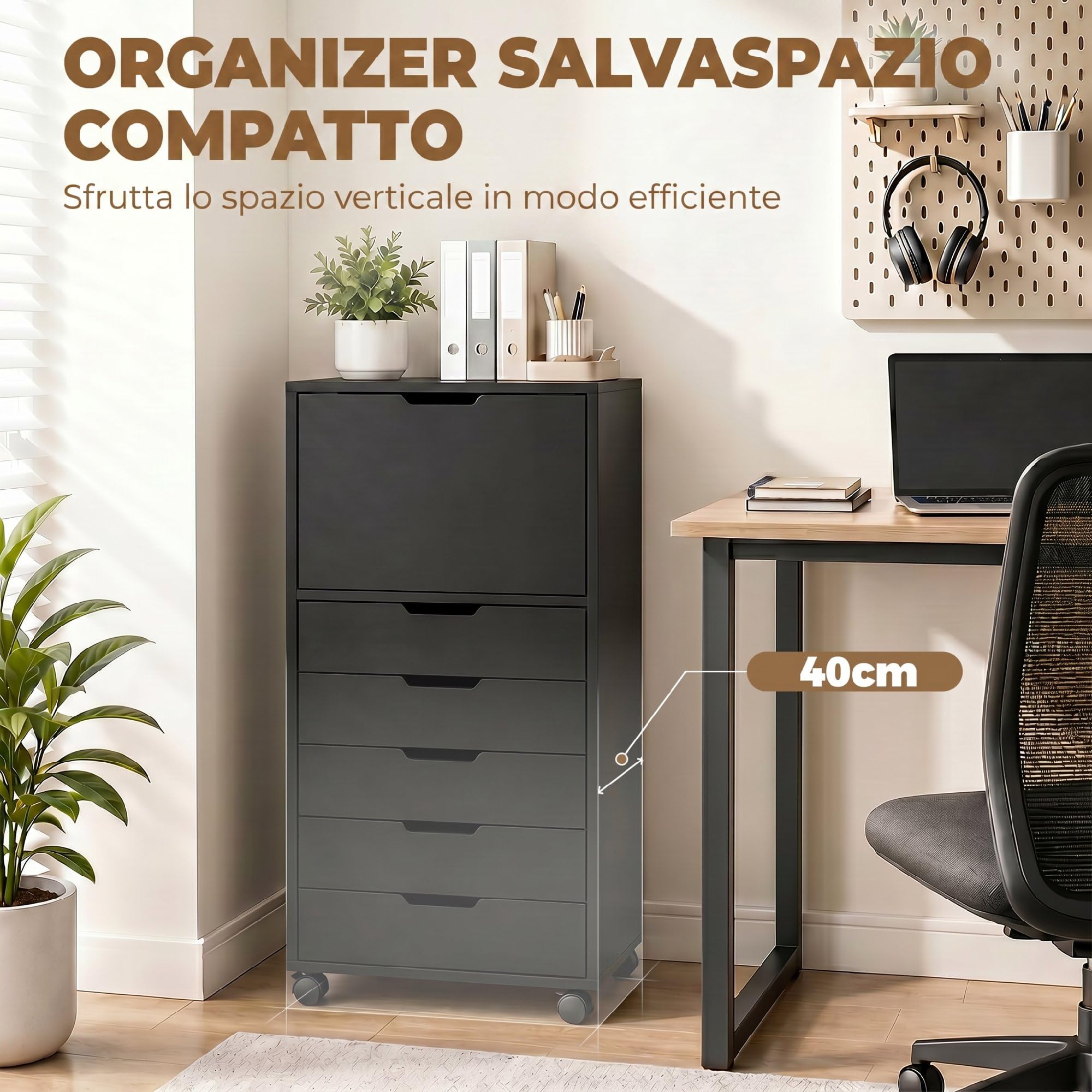 HOMCOM Schedario da Ufficio con 5 Cassetti Soft-Close 48x40x100 cm Nero | Armadio, Ruote a Freno, Cassettiera Scrivania per Documenti, Cassettiera Ufficio per Studio Sotto Scrivania
