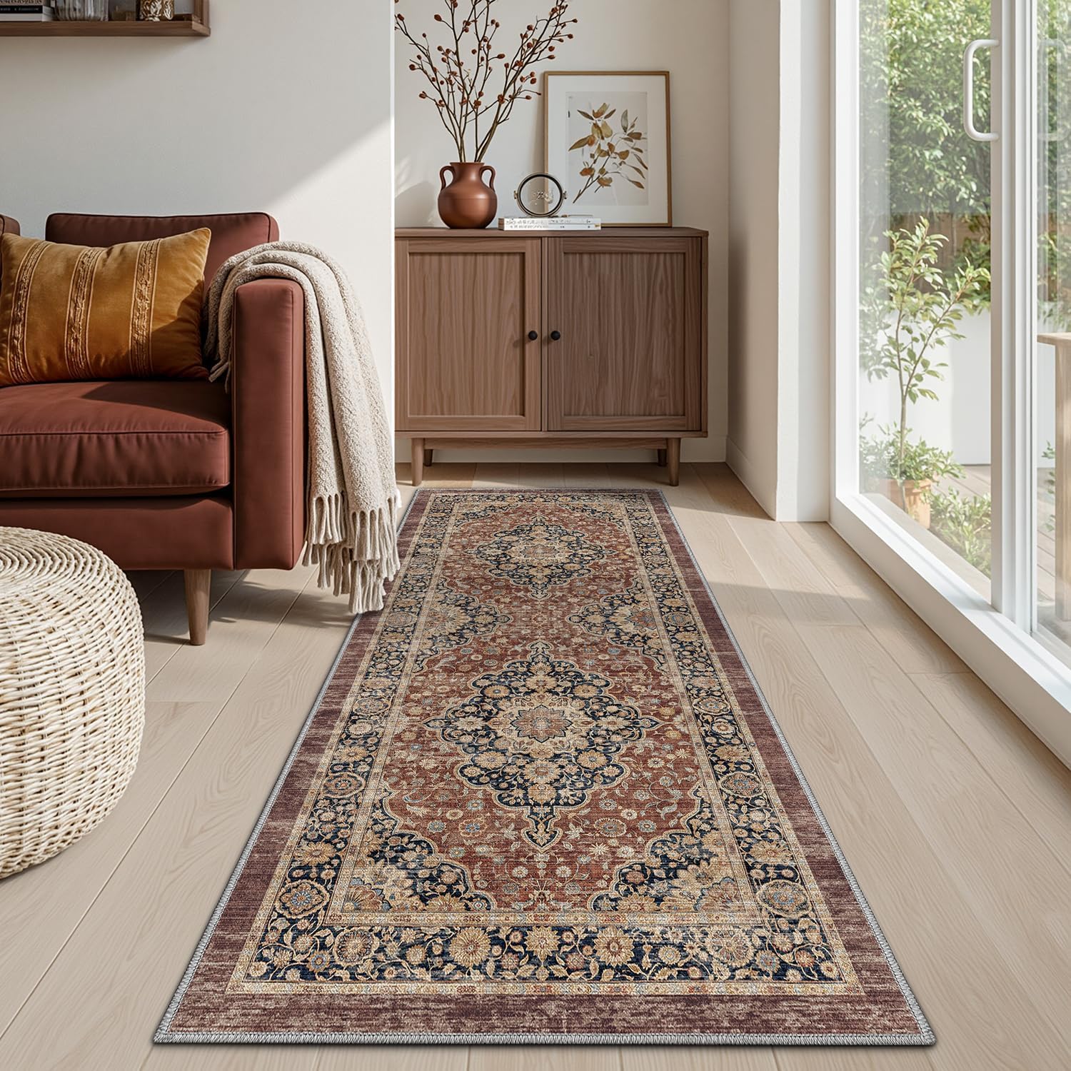 DEXI Läufer Flur Teppich 80 x 300 cm, Küchenläufer Lange waschbar rutschfest, Schmutz & Wasser Aufnehmen Dünne Vintage Teppichläufer für Hauseingänge, Küche, Waschküche, Rostrot