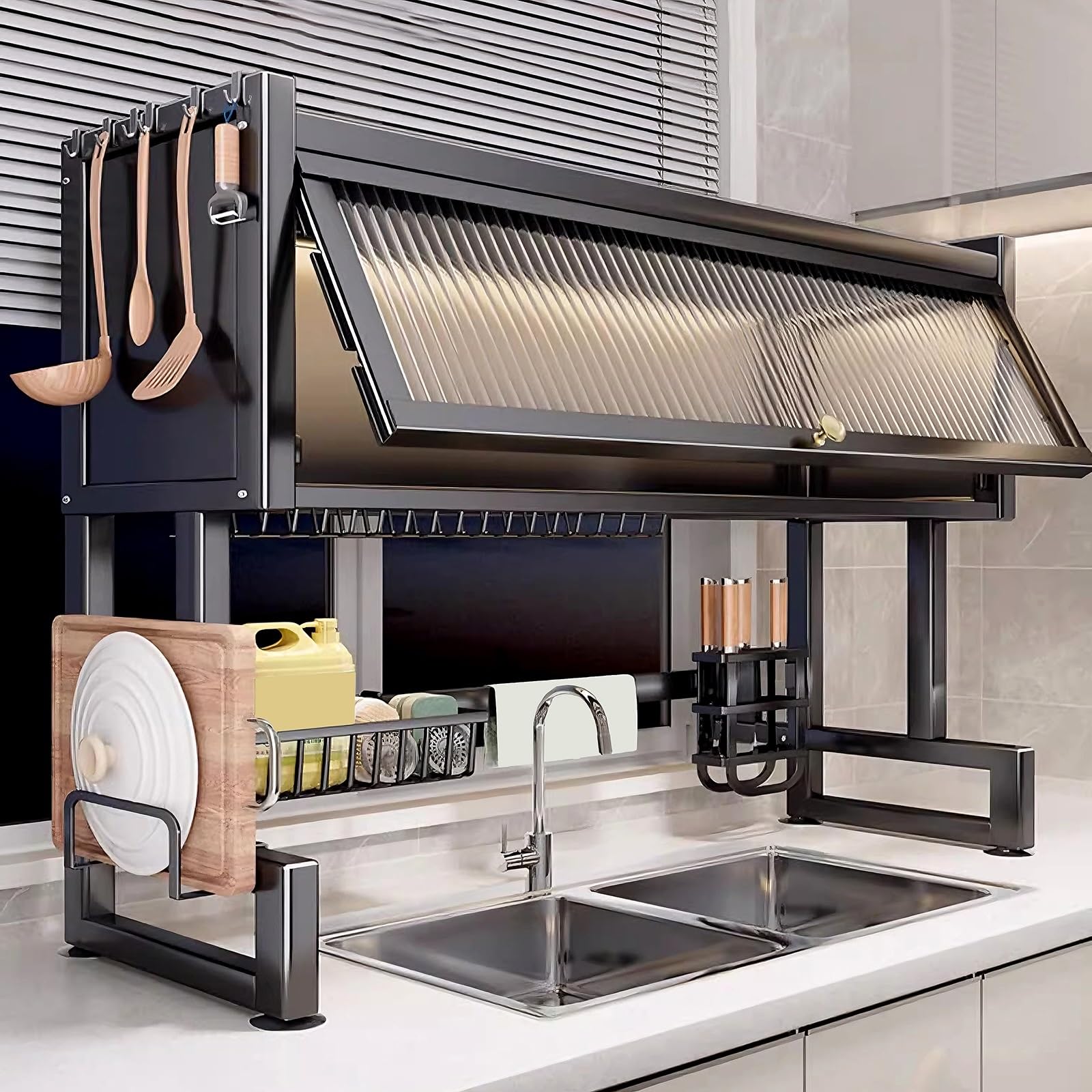 Kitchen Dish Drying Rack 2 Tier with Acrylic Doors Sink Caddy Organizer for Counter Carbon Steel Frame Kitchen