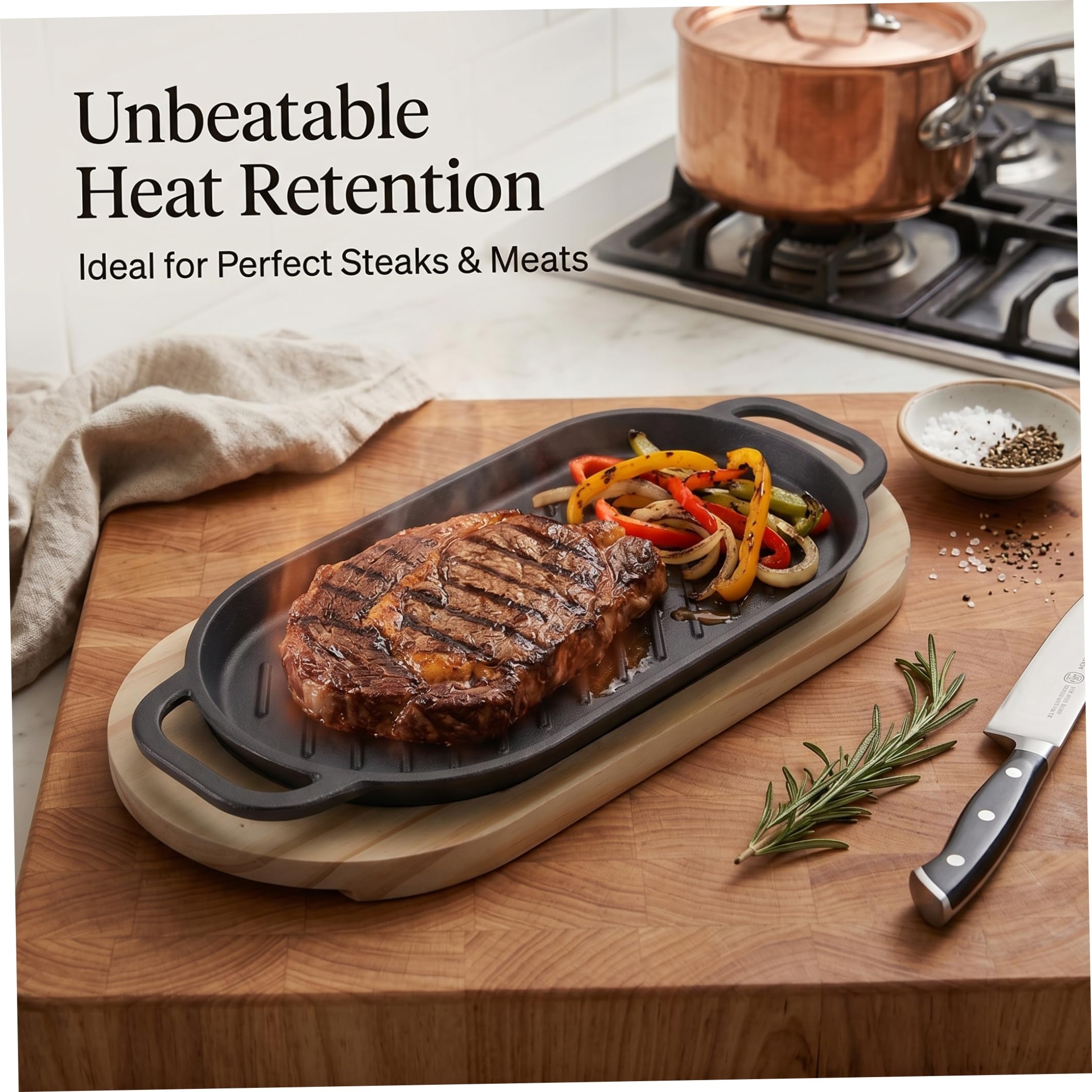 Plaque grésillante avec base en bois, plaque chauffante en fonte pour cuisinière à gaz, idéale pour les barbecues à la maison et l'ext..