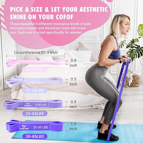 Miniatura 4 de Bandas de resistencia para dominadas para mujeres, bandas gruesas de ejercicio de asistencia de dominadas de color morado oscuro con póster de