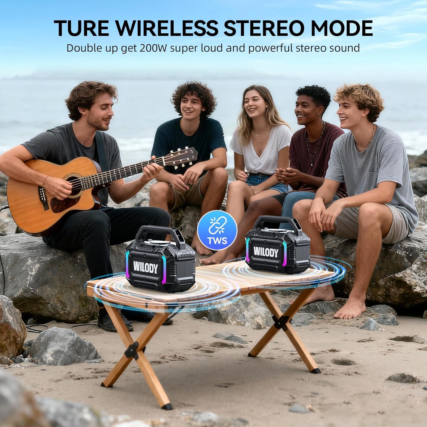 Wilody 100W Tragbare Bluetooth-Lautsprecher-Box,Bluetooth Lautsprecher mit Licht,Musikbox Bluetooth's Groß,Soundbox mit IPX7 Wasserdicht,EQ,RGB,USB,20h Akku,TWS,BT5.3,für Party,Backyard（L-Schwarz）