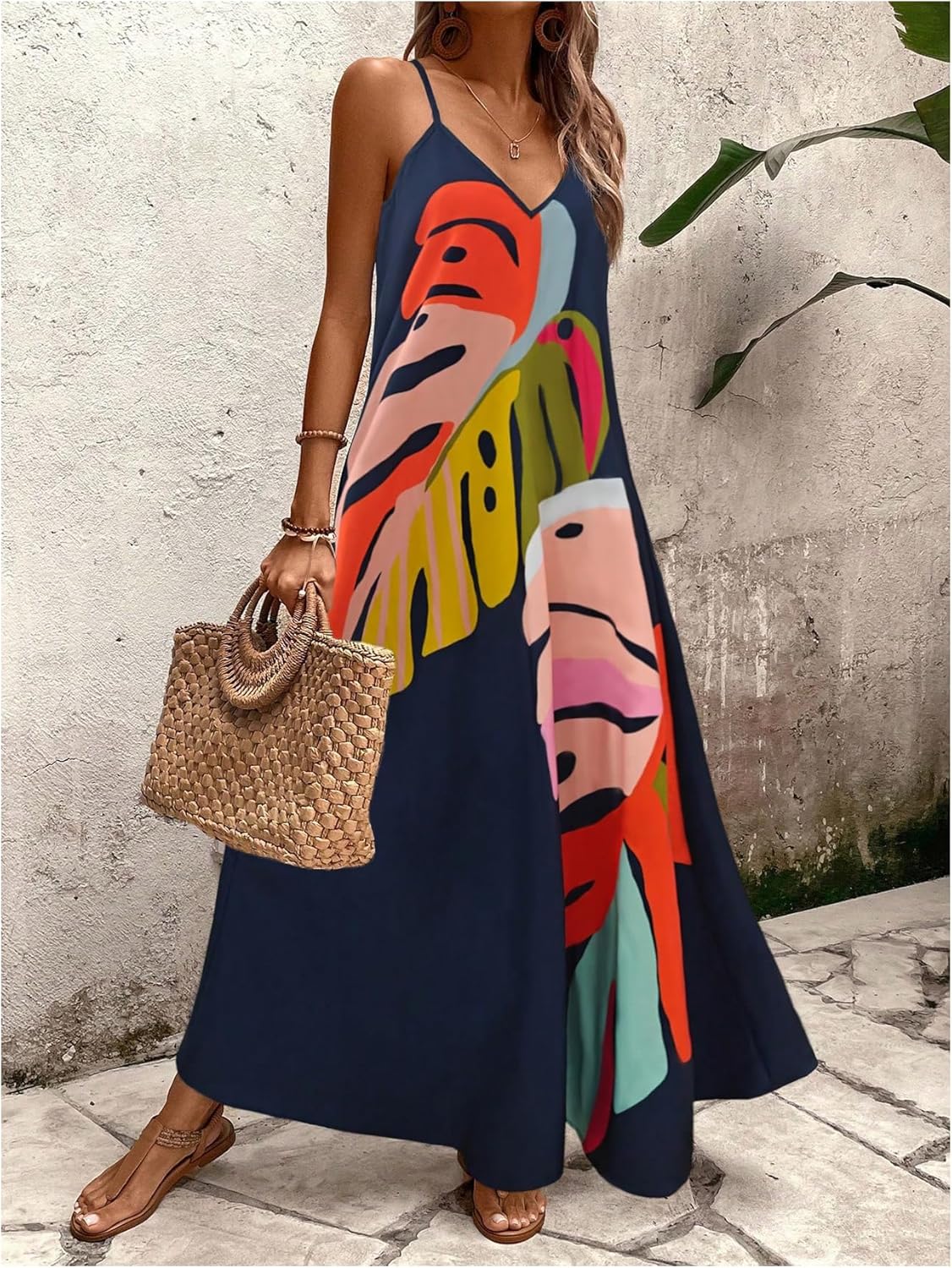 GORGLITTER Women's Sleeveless V Neck Oversized Maxi Long Dress Boho Bump Friendly Graphic Casual Beach Flowy Sun Dress