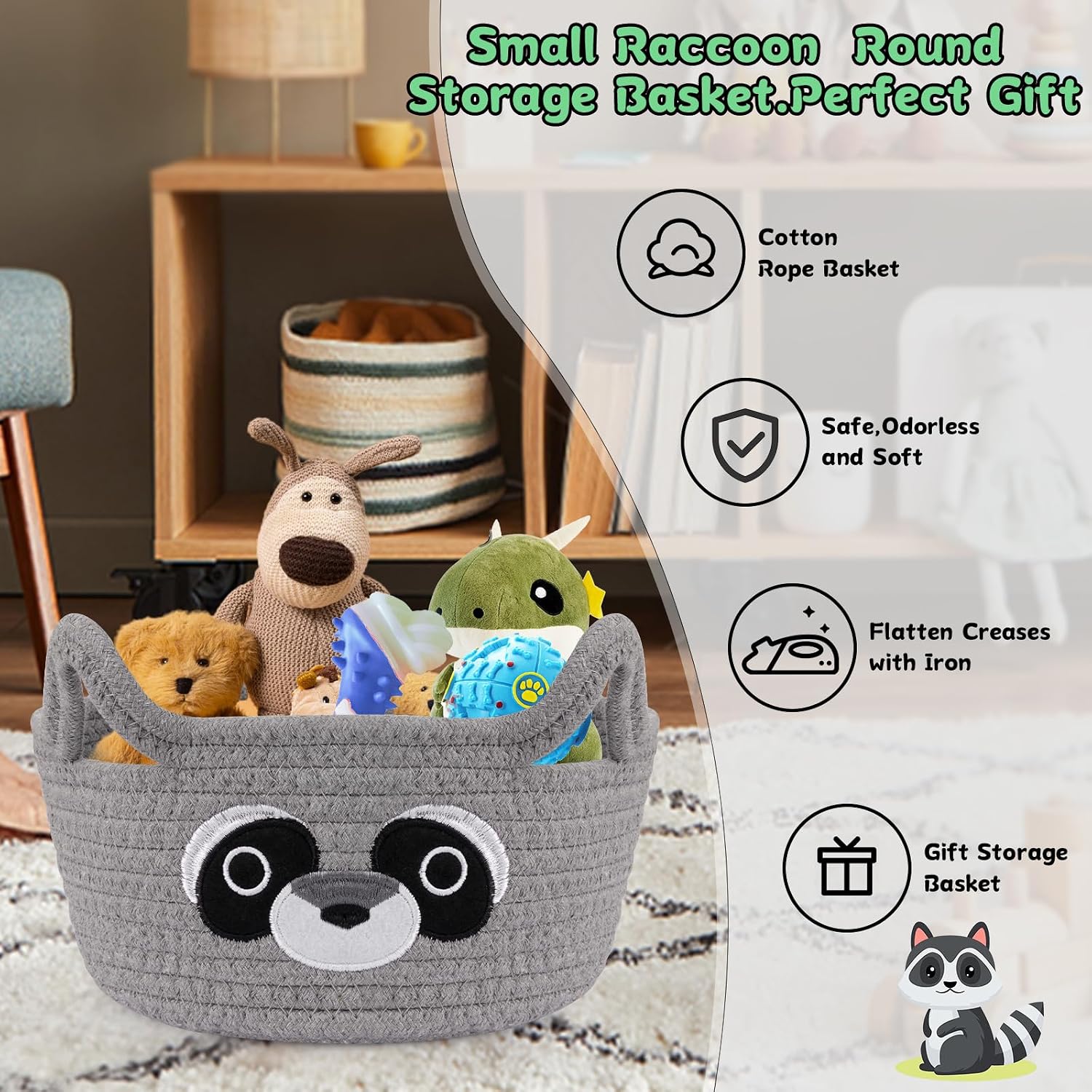 Small Storage Basket for Nursery, Raccoon Storage Basket, Round Woven Rope Cotton Storage, Baby Blanket 0rganizer with Ears Handles, Animal Blanket Towel Decor Storage Bins, 8.2"D x 4.7"H in