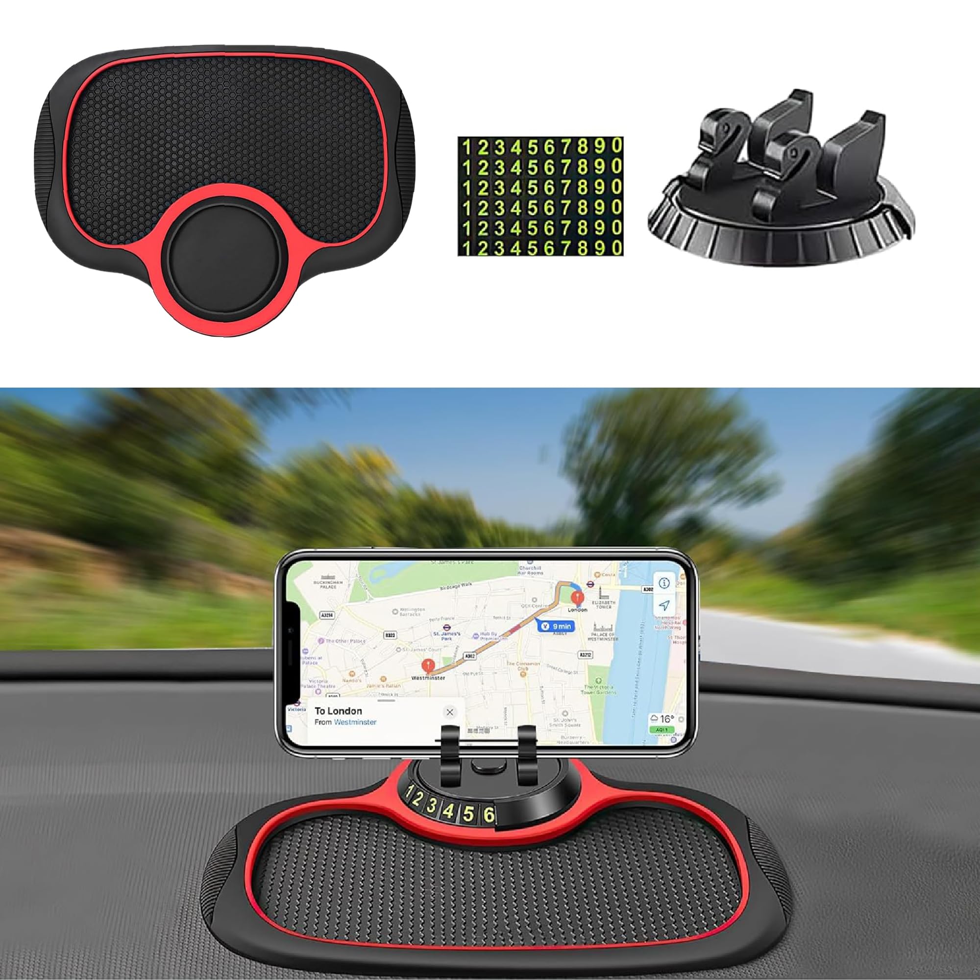 Draduo Multifunction Car Anti-Slip Mat Auto Phone Holder, Universal Multifunction Car Dashboard Mat with Temporary Parking Numbe with Phone Holder for Phones, Keys, Gadgets（1PC）