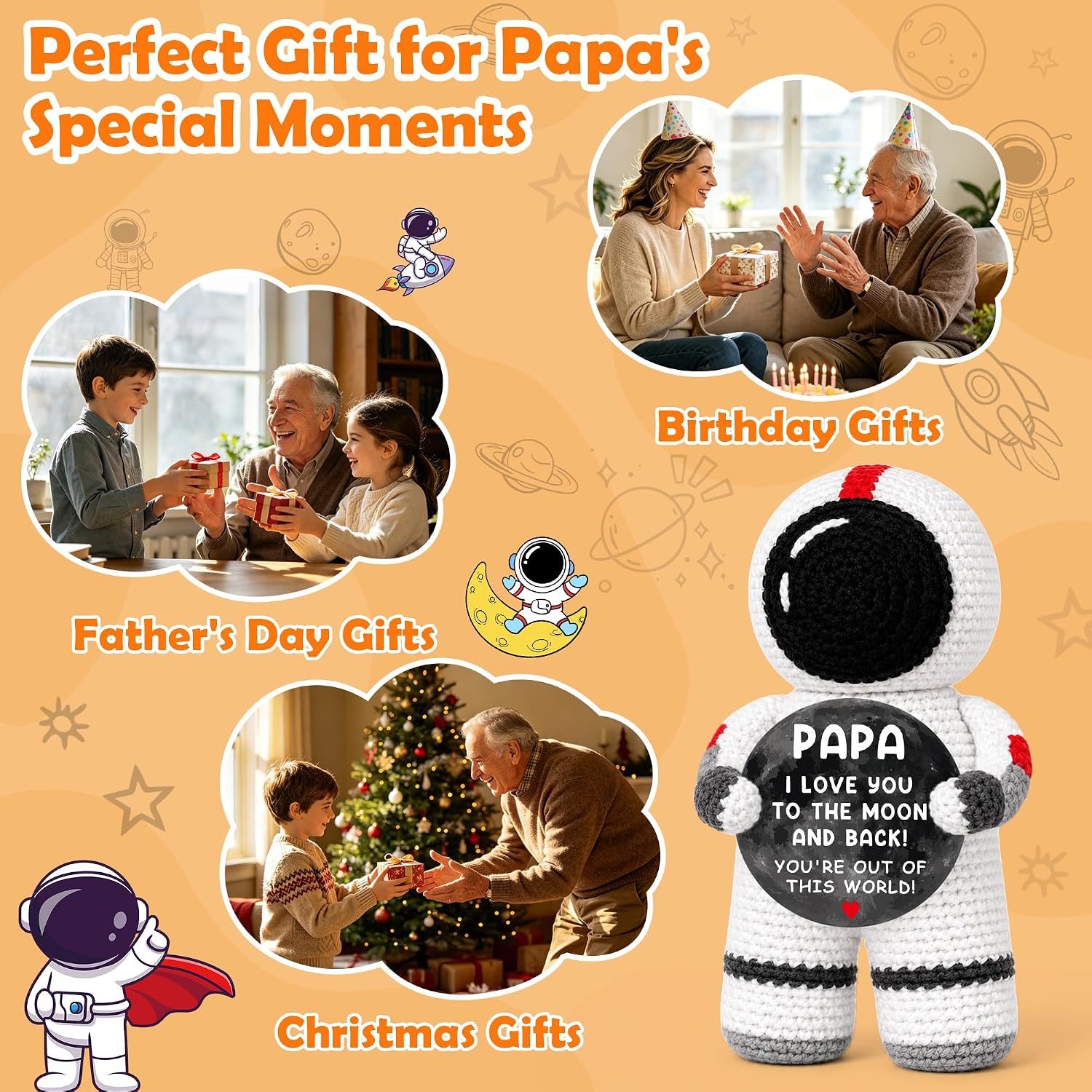 Fathers Day Grandpa Gifts for Papa from Grandkids, Happy Father's Day Papa Gifts Idea for Grandfather Papaw Birthday Gift for Grandpa Pawpaw Grandad Handmade Crochet Astronaut Present Keepsake