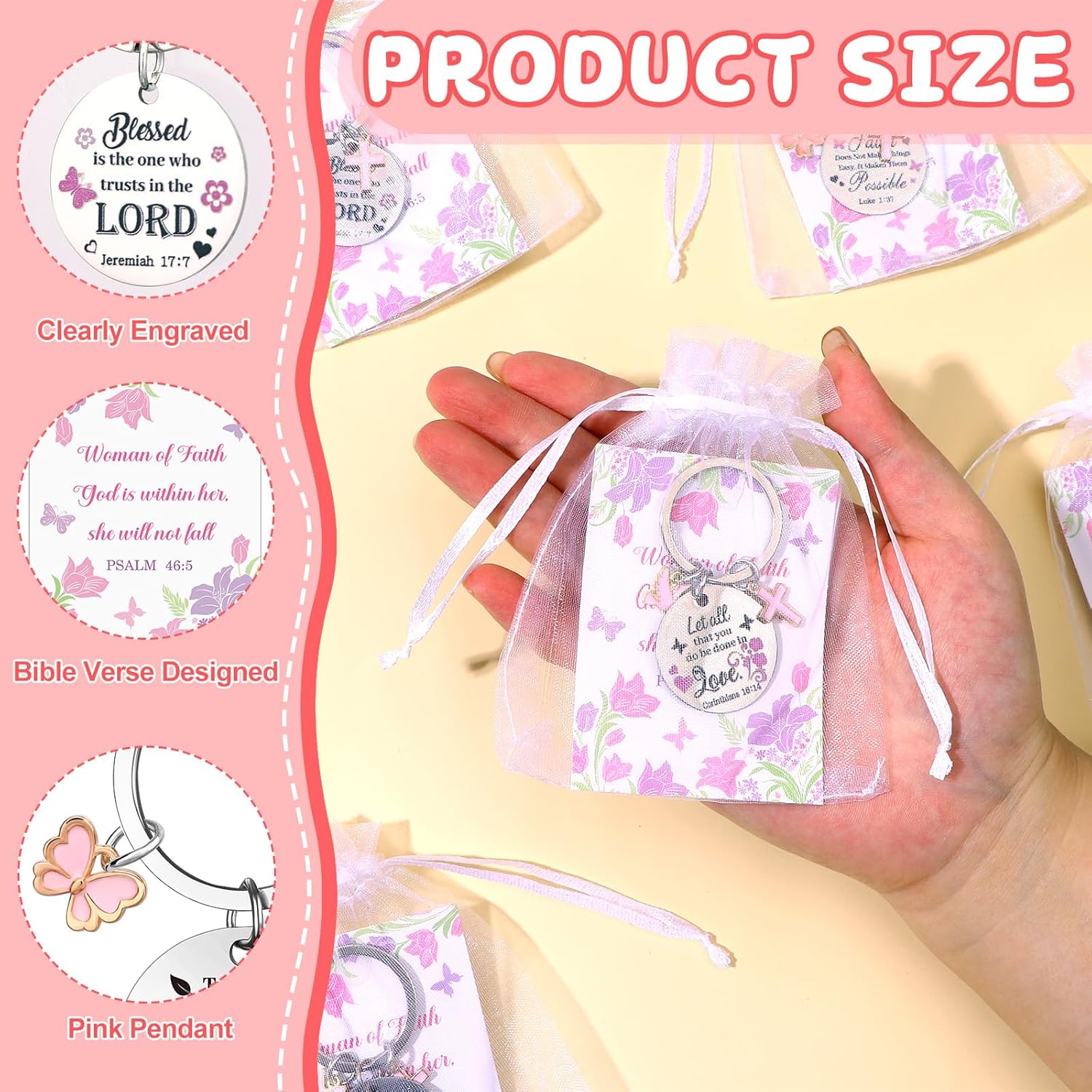 24 Sets Faith Christian Keychain Gifts for Women Religious Butterfly Cross Stainless Steel Key Chains Spiritual Bible Verse Cards with Organza Bags for Easter Christmas Baptism Coworker - Image 3