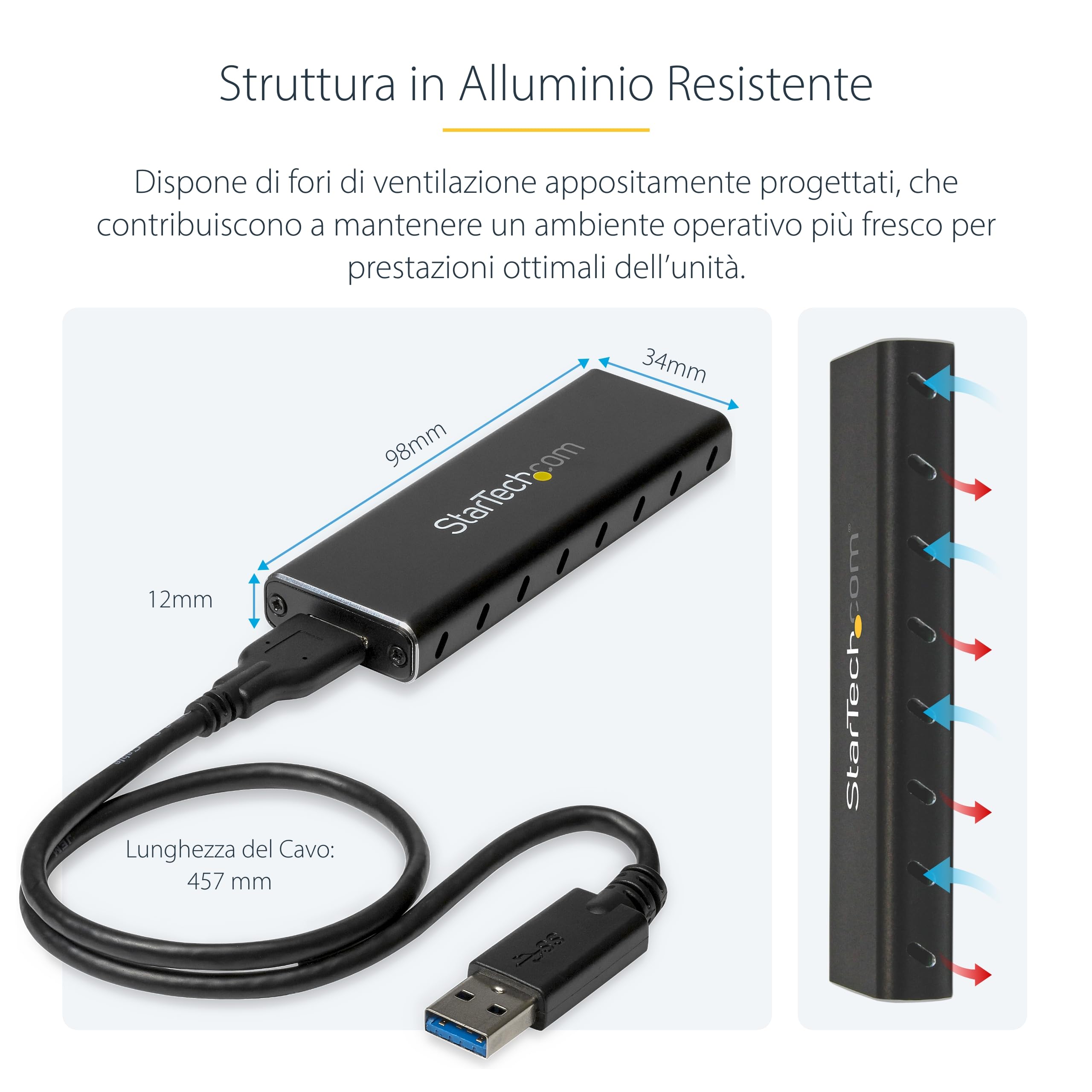 StarTech Box Esterno SSD M.2 NGFF SATA USB 3.0 5Gbps UASP Alluminio Nero | Solo per SSD M.2 SATA, Non Compatibile con NVMe/AHCI, Trasferimenti Dati Rapidi