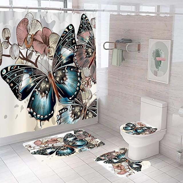 YULUOSHA 4 Pcs Monarch Butterflies Shower Curtain Set with Non-Slip Rugs, Toilet Lid Cover and Bath Mat Colorful Floral with Butterflies Shower Curtain Bathroom Decor with Hooks Turquoise