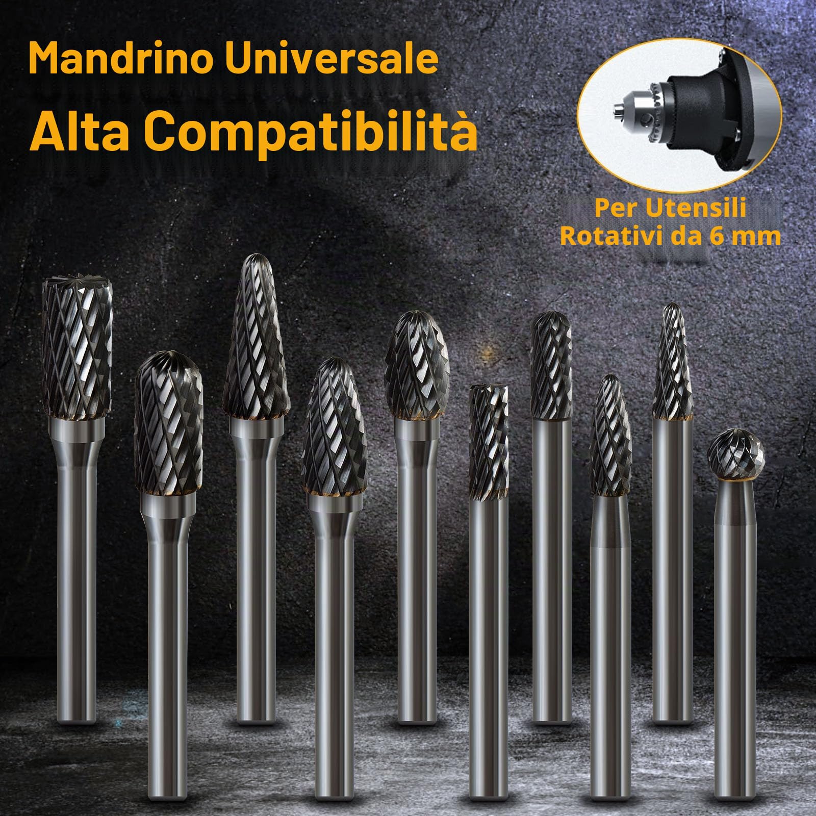 Set di Frese in Metallo Duro, 10 Pezzi Frese Rotanti in Carburo di Tungsteno con Gambo da 6mm per Legno, Acciaio, Metallo, Incisione, Lucidatura, Trapano