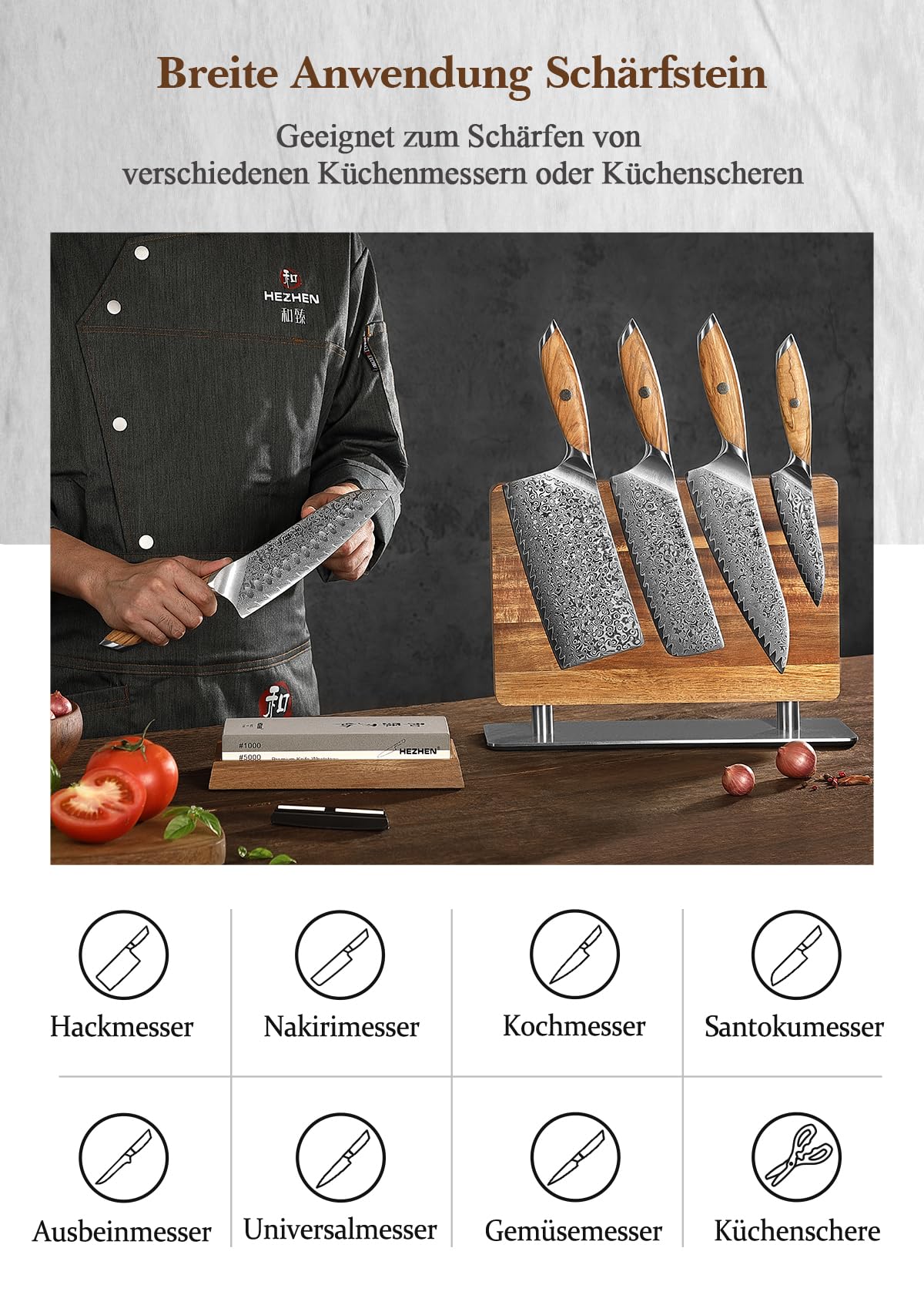 HEZHEN Doppelseitiger Abziehstein, Groß Weißkorund Schleifstein Wetzstein, Professionell Messerschärfer, Körnung1000/5000 mit Rutschfestem Akazienholz Basis, Abflachungsstein,Winkelführung