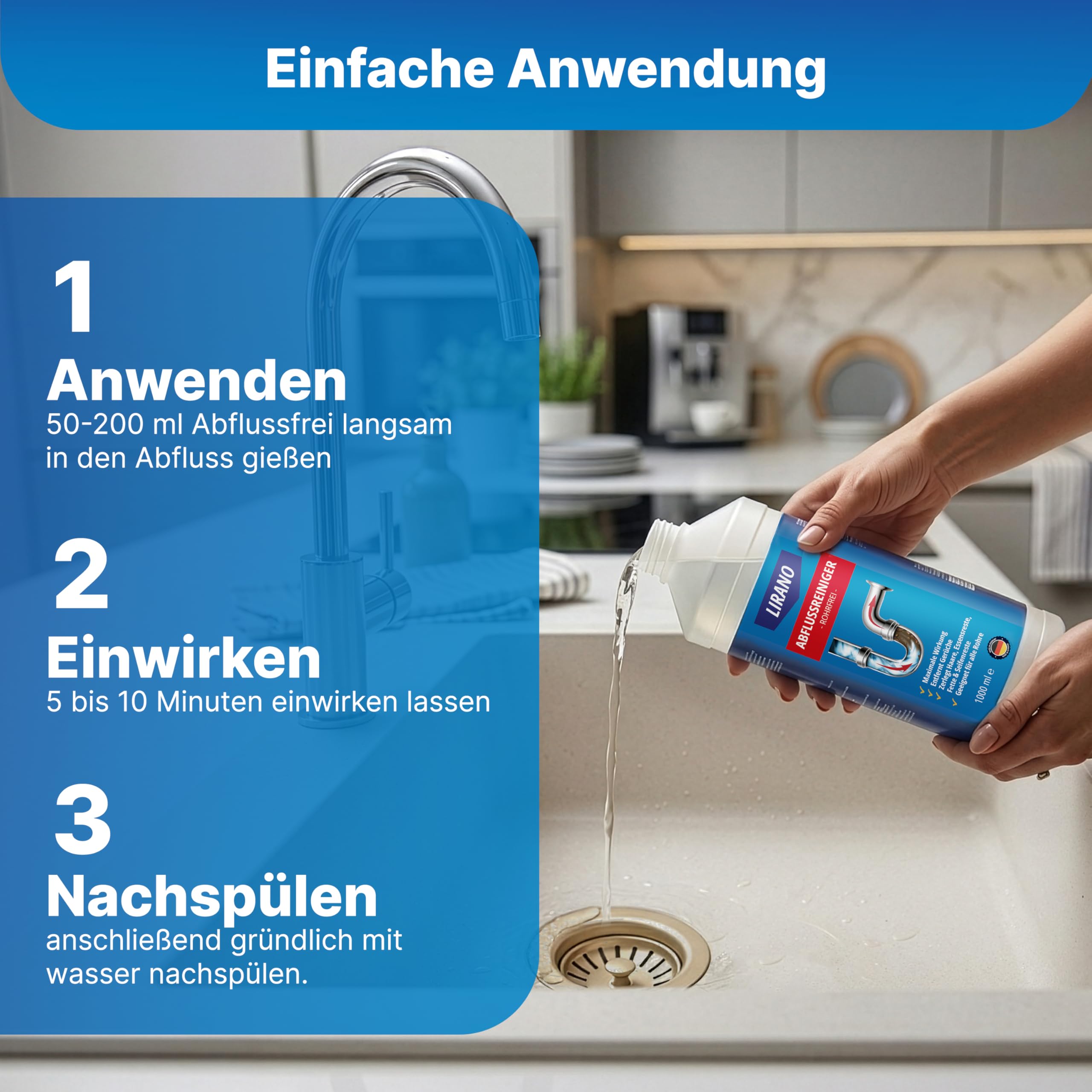 Rohrfrei, Abflussreiniger EXTRA STARK in Profi-Qualität – 1L – löst Haare, Speisereste & hartnäckigsten Rohrverstopfungen – neutralisiert unangenehme Gerüche - biologisch abbaubar - Made in Germany