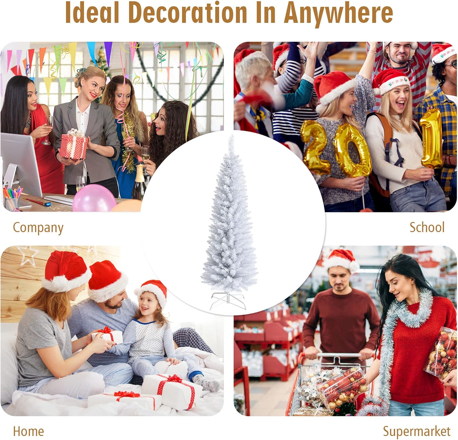DORTALA White Pencil Christmas Tree 5 FT, Unlit Artificial Slim Xmas Tree with 240 Branch Tips, Metal Stand, Skinny Holiday Decor Tree for Home Office
