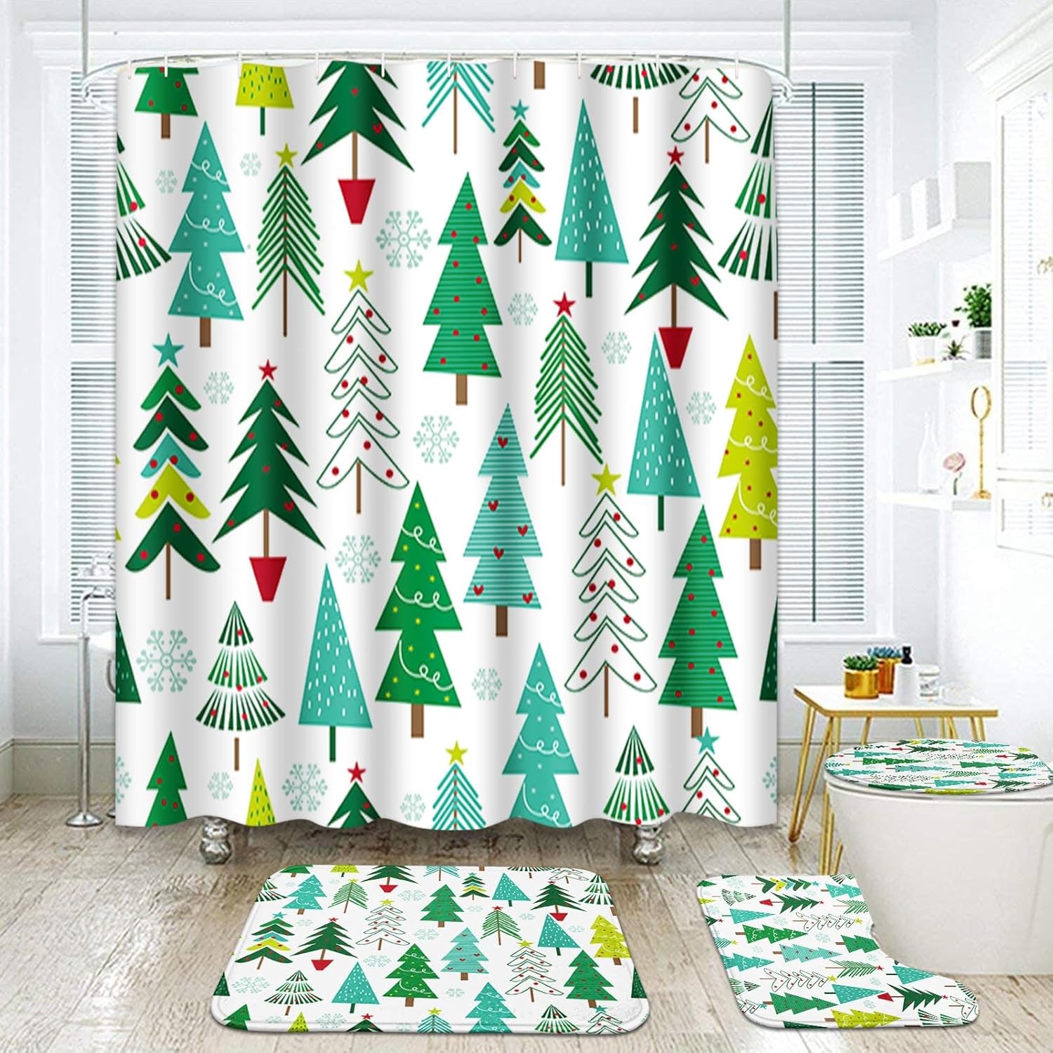 Christmas Tree Bathroom Sets with Shower Curtain and Rugs and Accessories, Snowflake