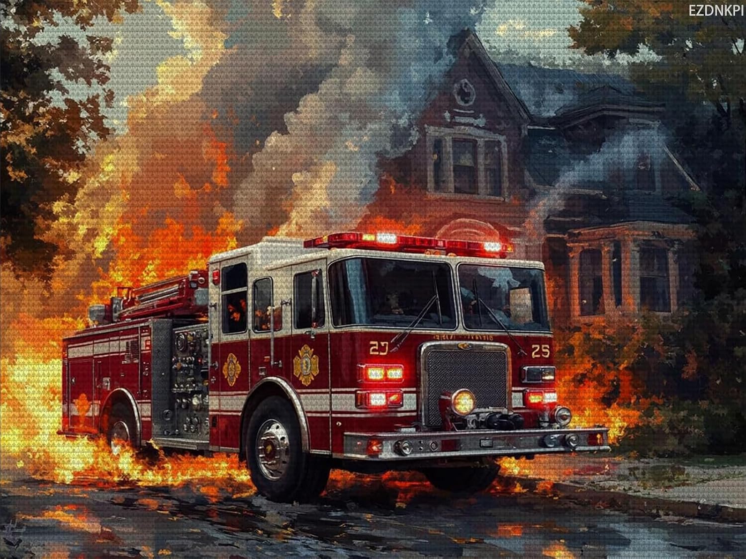 EZDNKPI Fire Truck Firefighter Cross Stitch Kit for Adult, Easy Embroidery Kit Patterns Stamped Cross Stitching, Car Scenery Needlecrafts Embroidery Kits Arts and Crafts for Home Decor 12x16inch