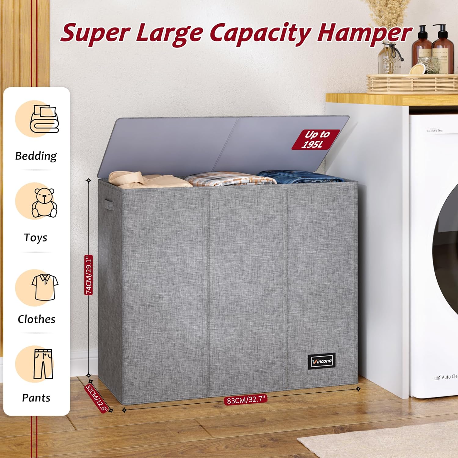 195L Laundry Hamper 3 Section,Large Laundry Hamper with Lid,Dirty Clothes Hamper with 3 Inner Bags,Collapsible Laundry Basket Organizer for Laundry Room,Bedroom,Laundry Sorter Hamper 3 Compartment 195L Grey