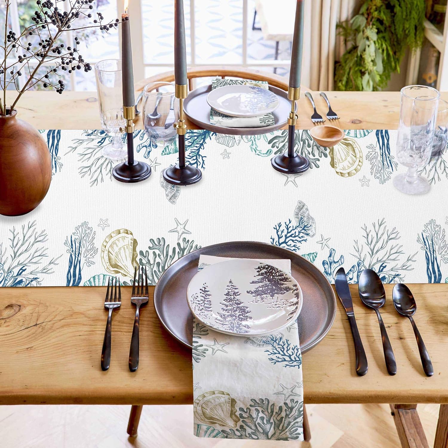 Marine Table Runner,Watercolor Ocean Seaweed Coral Sea Shells Starfish Table Runners White Dresser Scarves for Home Dining Room Kitchen Holiday Party Tables Decor - 13x60in