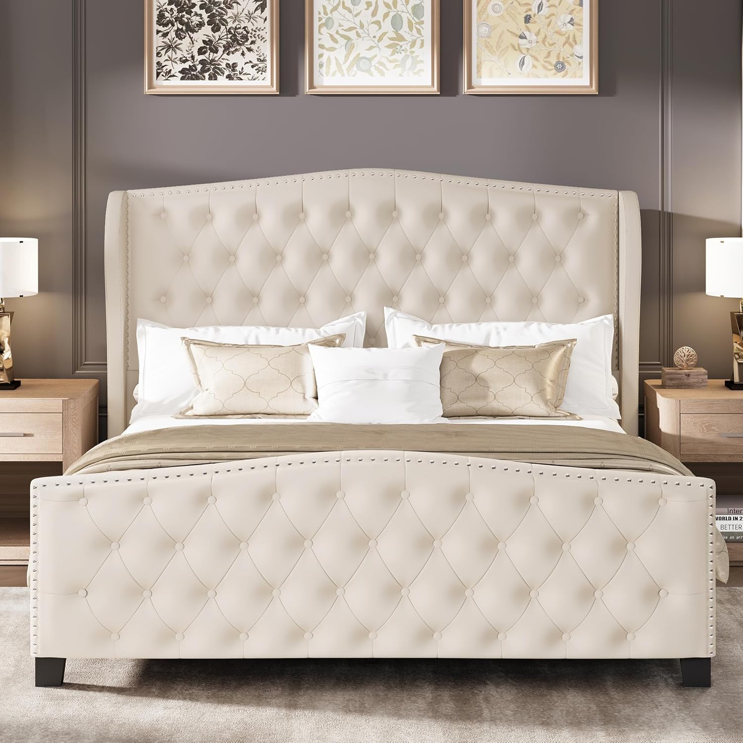 LARMACE Queen Size Bed Frame Velvet Upholstered Platform Bed with Wingback Headboard & Footbaord, Deep Button Tufted Bed Frame with Wood Slats Support, No Box Spring Needed, Beige